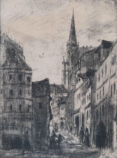 Antique La Rue Malpolue, à Rouen by Camille Pissarro - Etching, Cityscape