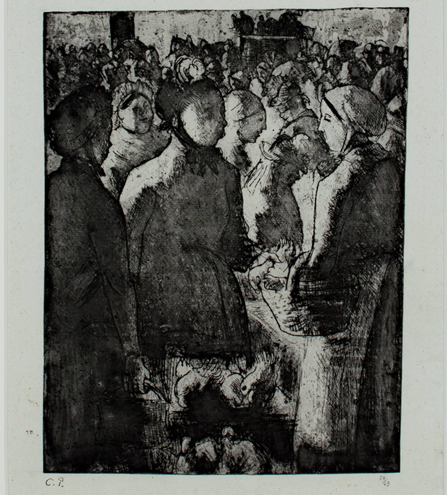 Figurative Print de Camille Pissarro - "Marche a la Volaille, a Gisors, " Grabado figurativo original firmado