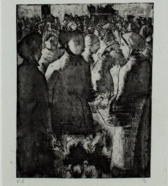 "Marche a la Volaille, a Gisors, " Original figurative Etching signed