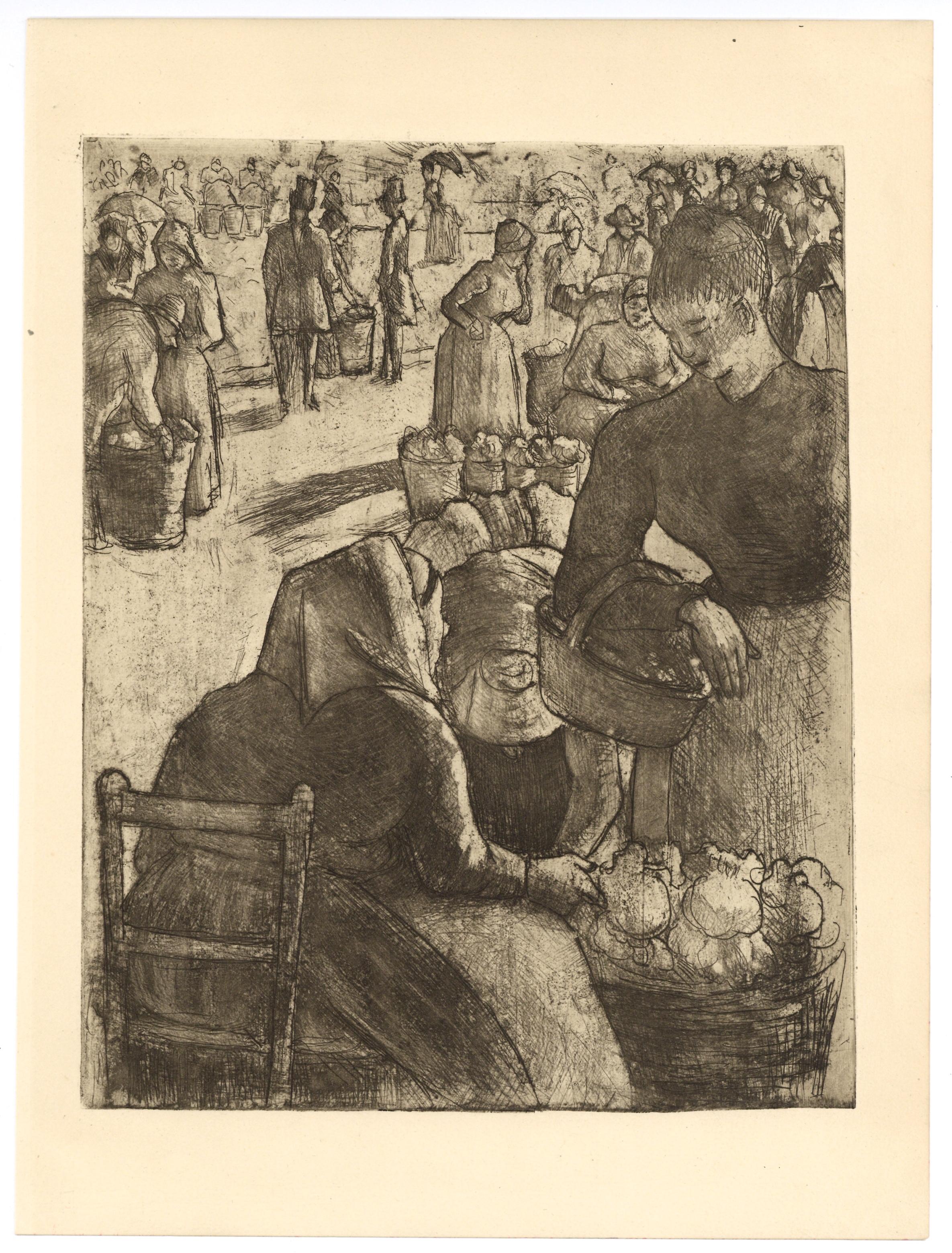 "Marche aux Legumes, a Pointoise" original etching - Print by Camille Pissarro