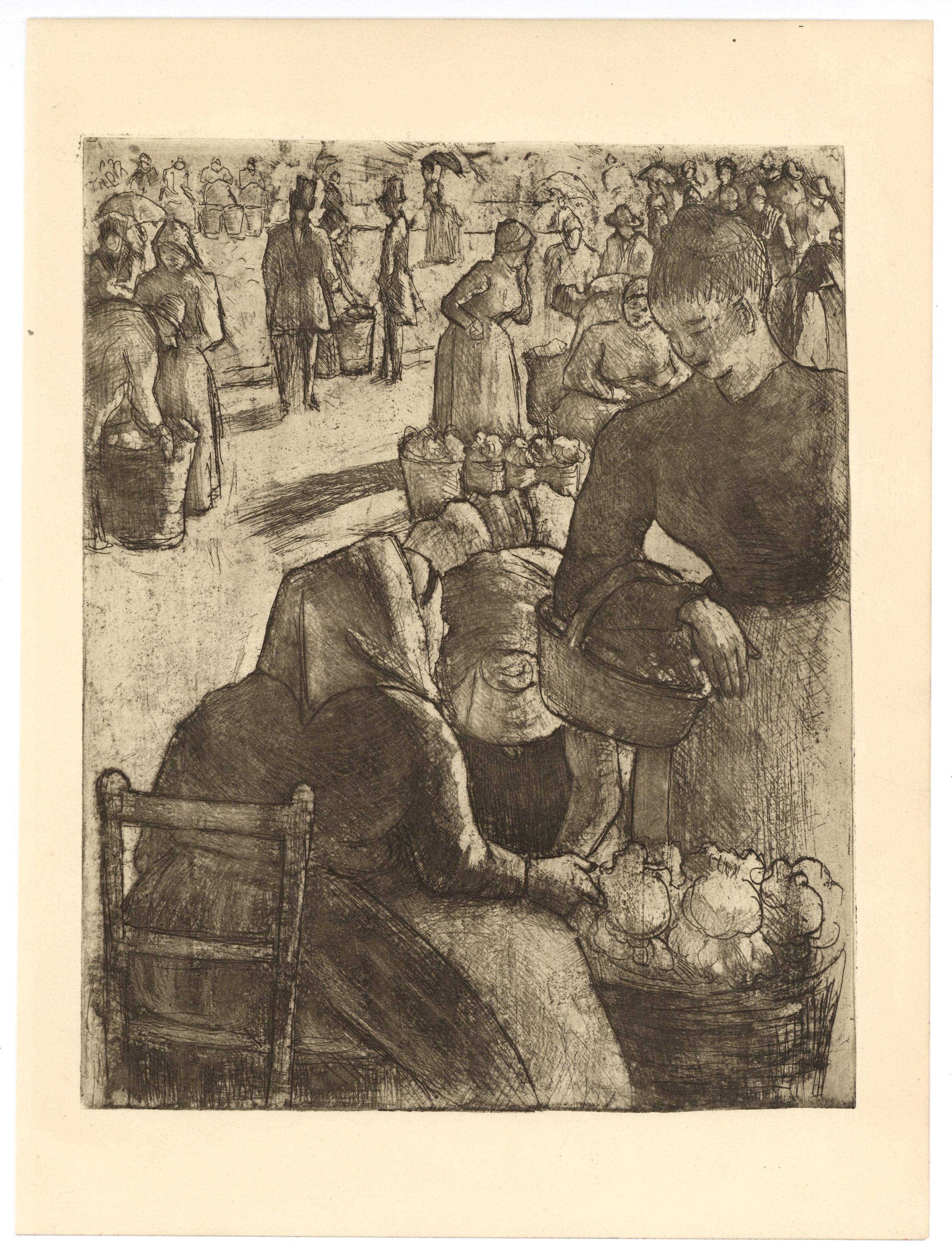 "Marche aux Legumes, a Pointoise" acquaforte originale - Print di Camille Pissarro
