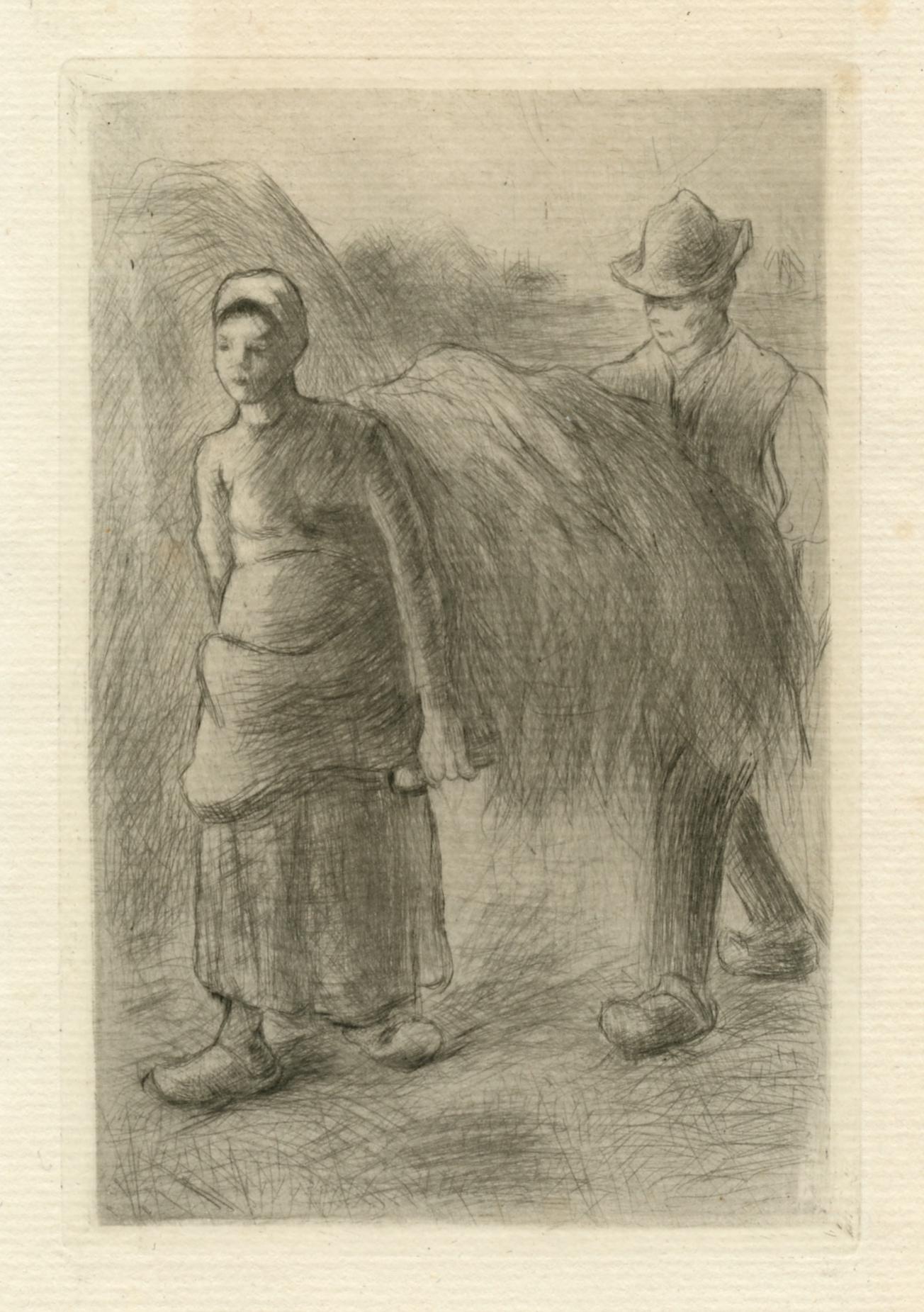 "Paysans portant du foin" original etching - Print by Camille Pissarro