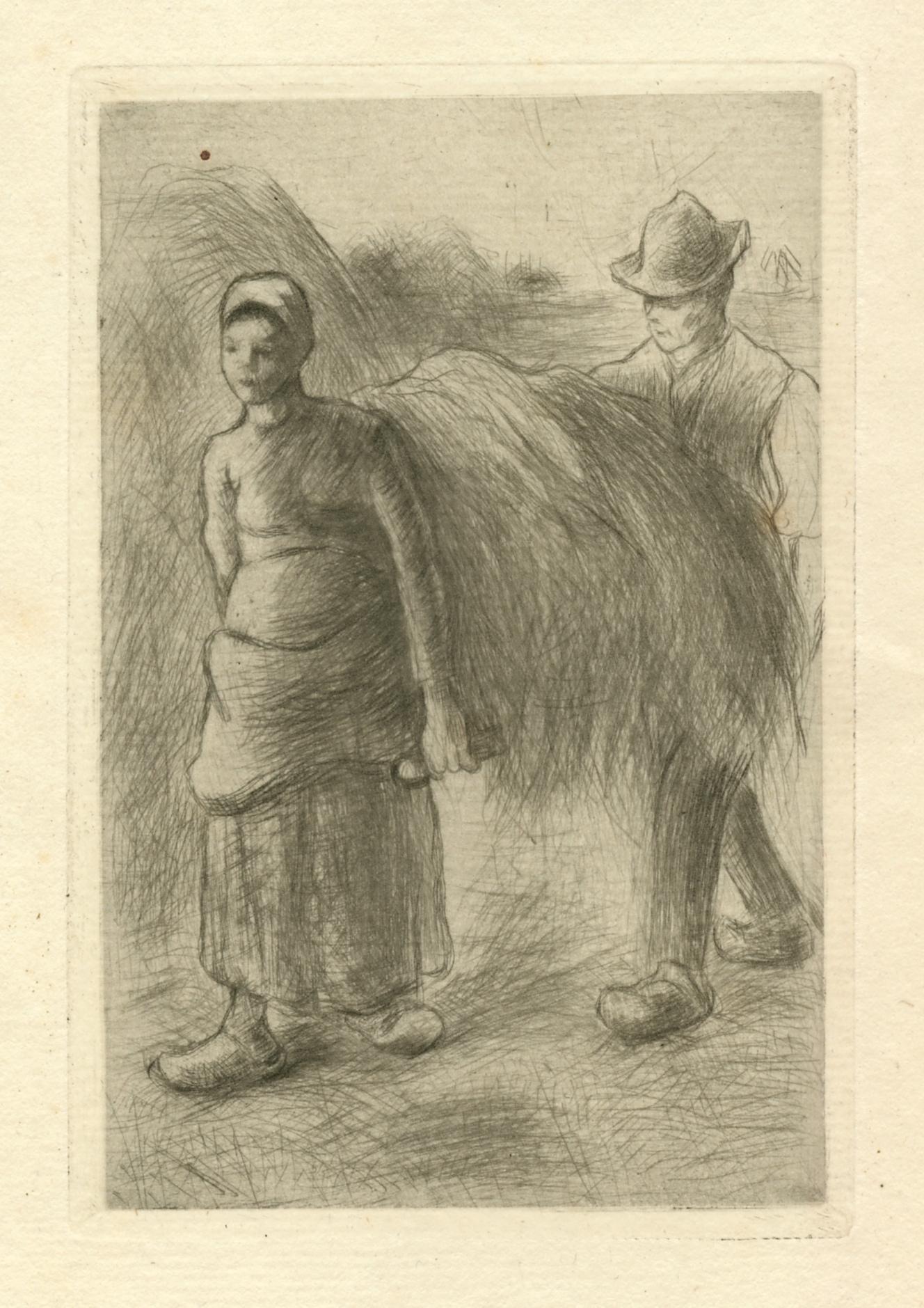 "Paysans portant du foin" aguafuerte original - Print de Camille Pissarro