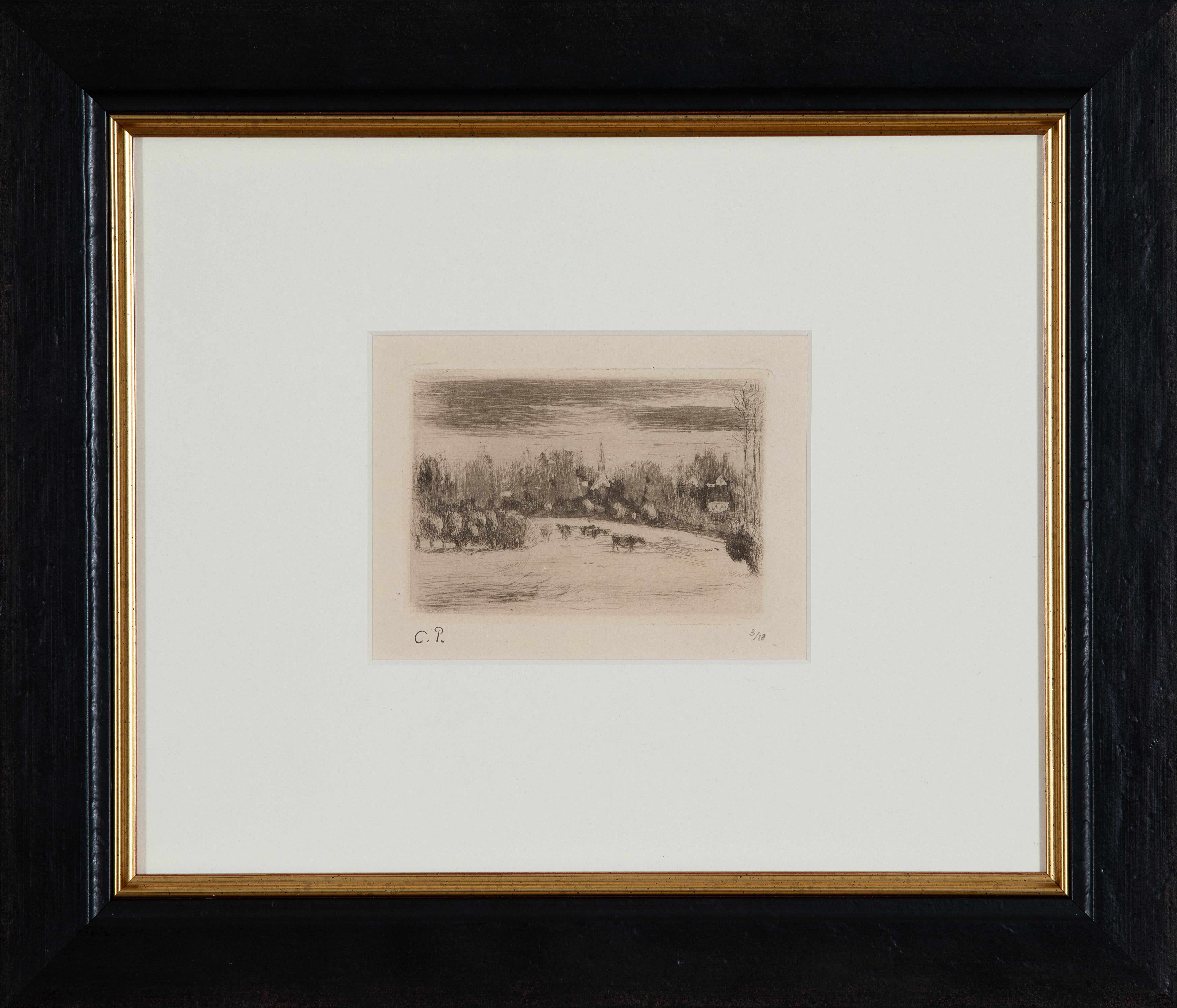 Prairies de Bazincourt by Camille Pissarro - Landscape etching For Sale 1