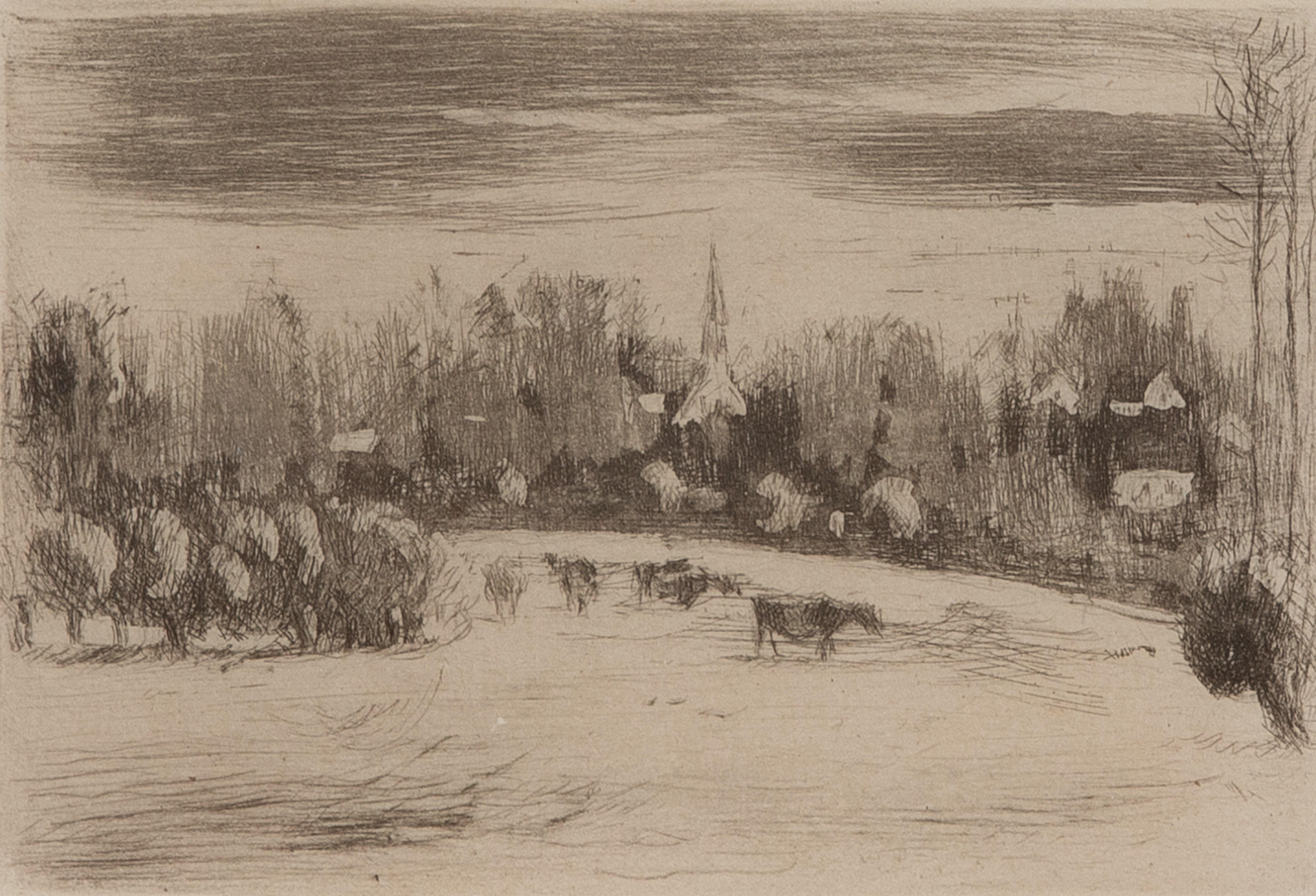 Prairies de Bazincourt by Camille Pissarro (1830-1903)
Etching and aquatint
8.1 x 12 cm (3 ¹/₄ x 4 ³/₄ inches)
Stamped with initials lower left, C.P. and numbered 3/18 lower right

This work was created in 1888 and printed at a later date as a part