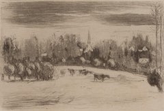 Antique Prairies de Bazincourt by Camille Pissarro - Landscape etching