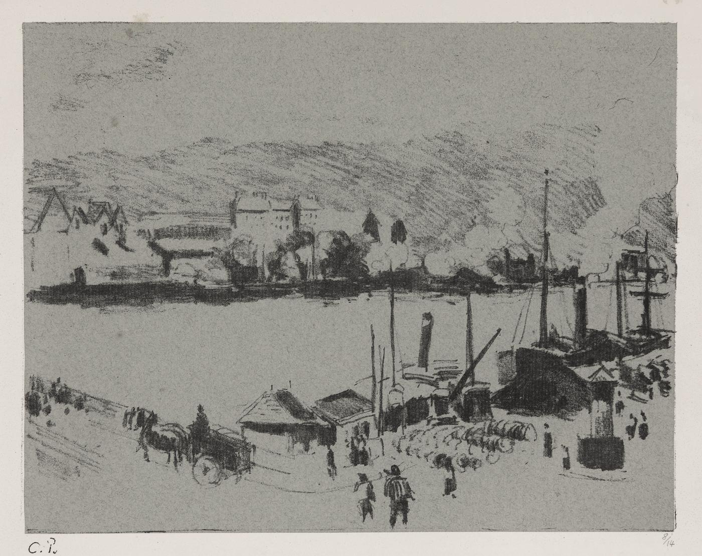 Quai Boïeldieu, à Rouen by Camille Pissarro (1830-1903)
Lithograph
27.7 x 36 cm (10 ⁷/₈ x 14 ¹/₈ inches)
Stamped lower left and numbered lower right, 8/14
Executed circa 1896
Delteil no. 169 (3rd edition)

Provenance
Private collection,