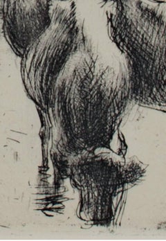 Schwarz-Weiß-Radierung Aquatinta des 19. Jahrhunderts, figurativer Tierdruck im Freien