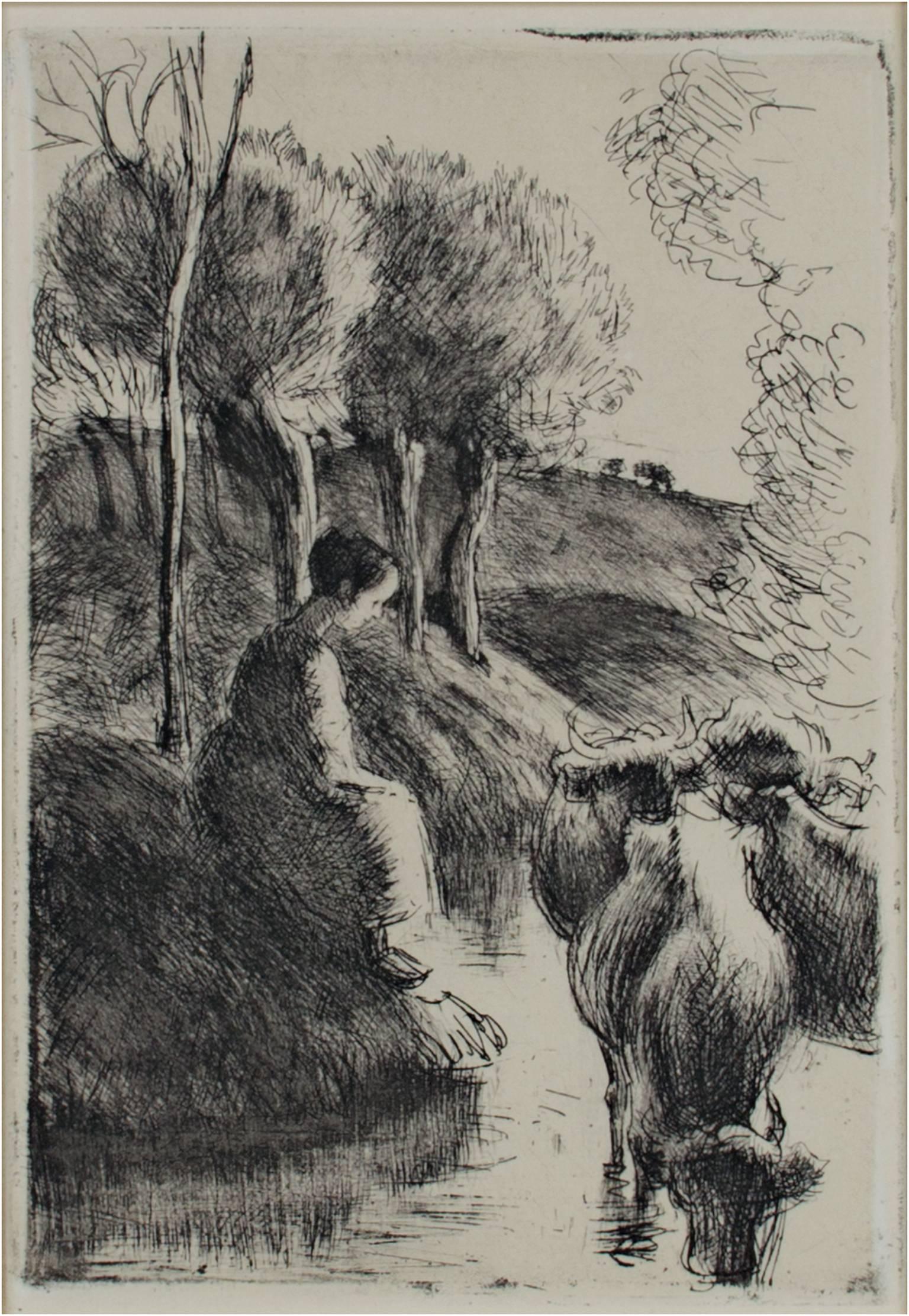 "Vachère au Bord de L'Eau" est une gravure et aquatinte originale de Camille Pissarro, le 8ème état. On peut le trouver dans le catalogue raisonné Delteil #93. Elle représente une femme assise au bord de la rivière pendant que ses vaches boivent.