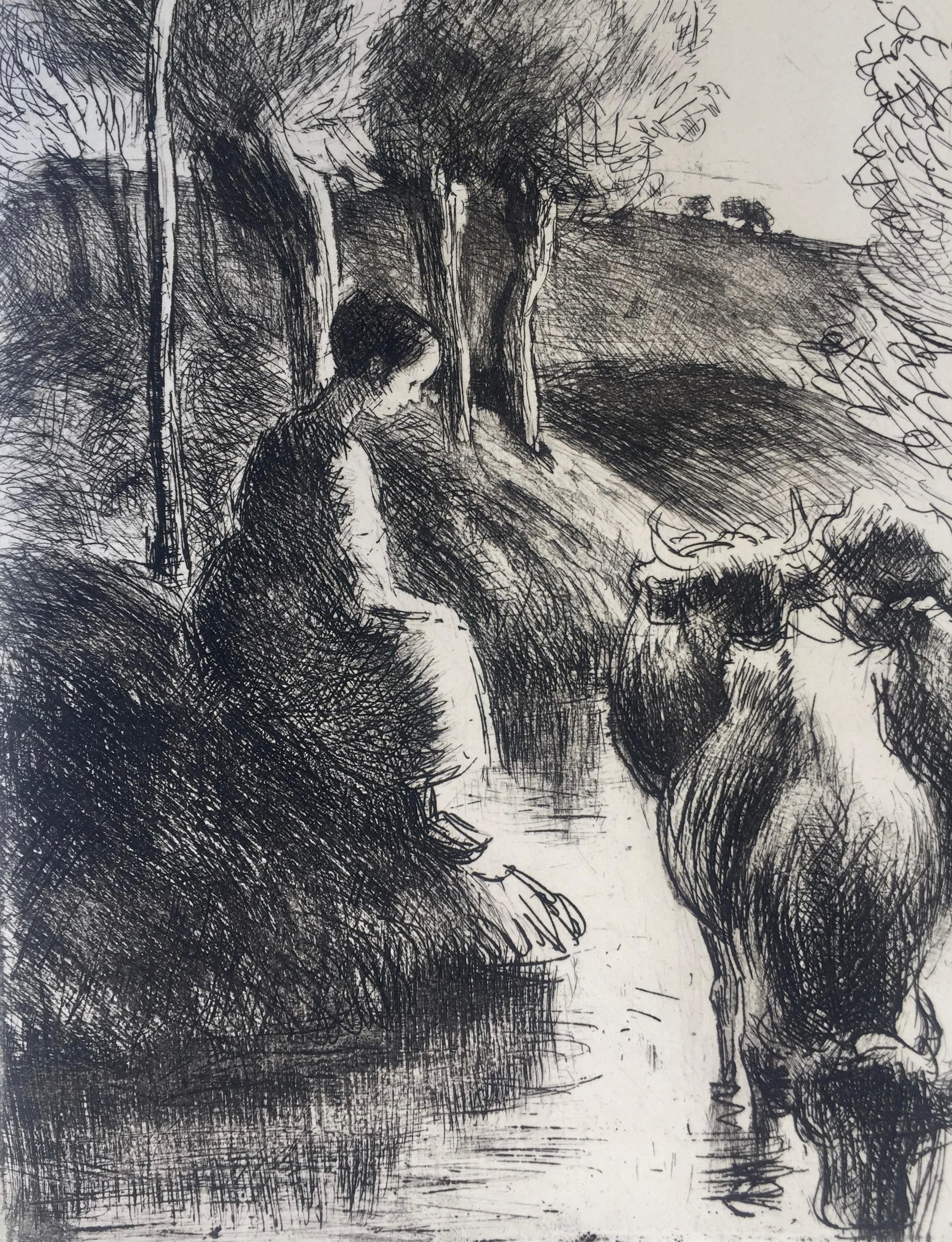 Vachère au Bord de l'Eau  – Print von Camille Pissarro