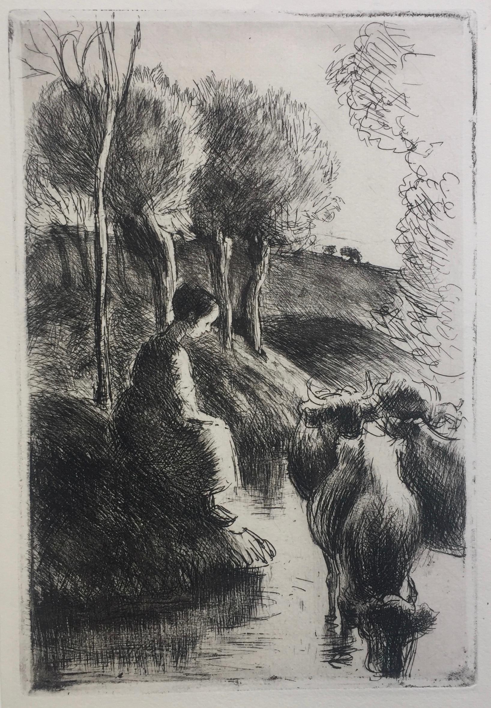 Vachère au Bord de l'Eau  (Impressionismus), Print, von Camille Pissarro