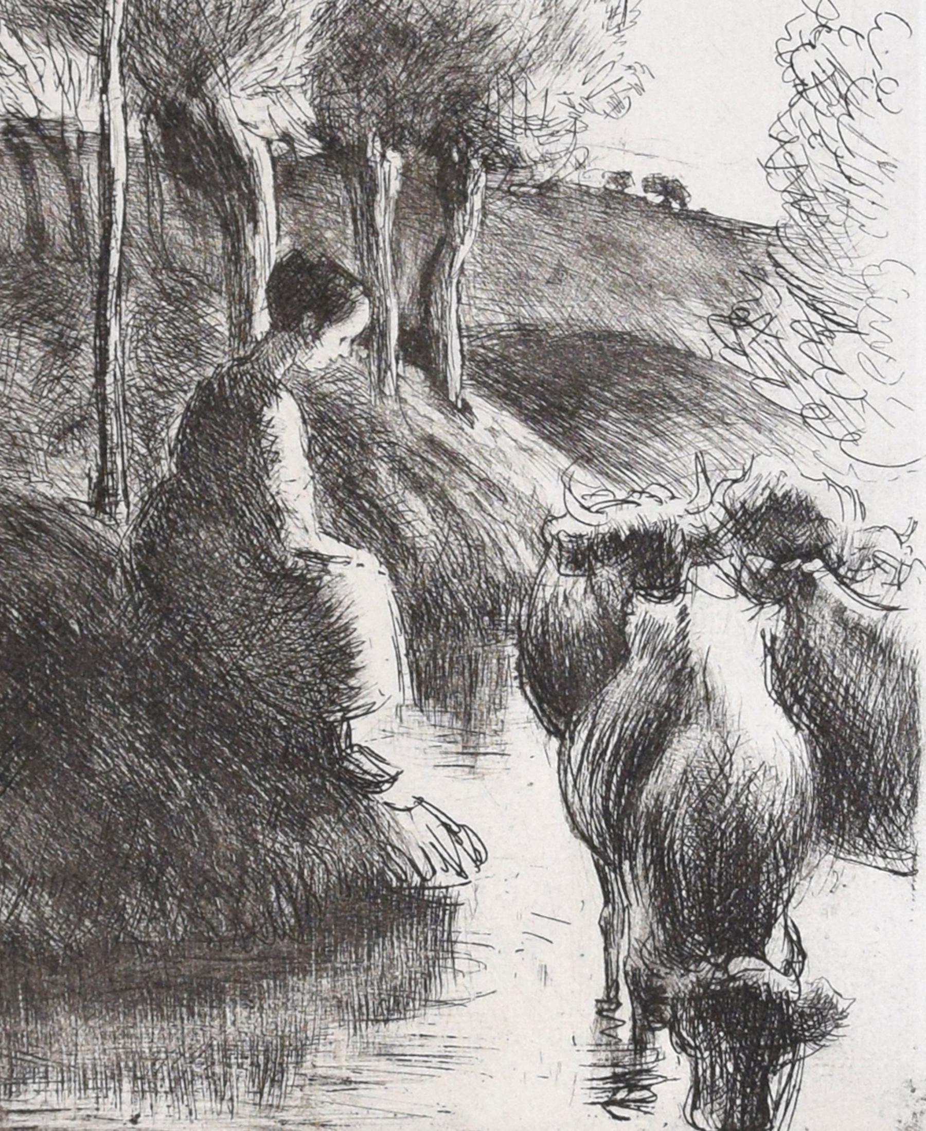 Vachère au Bord de l'Eau - Original Etching by Camille Pissarro - 1890 1