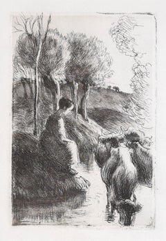 Vachère au Bord de l'Eau - Original Etching by Camille Pissarro - 1890