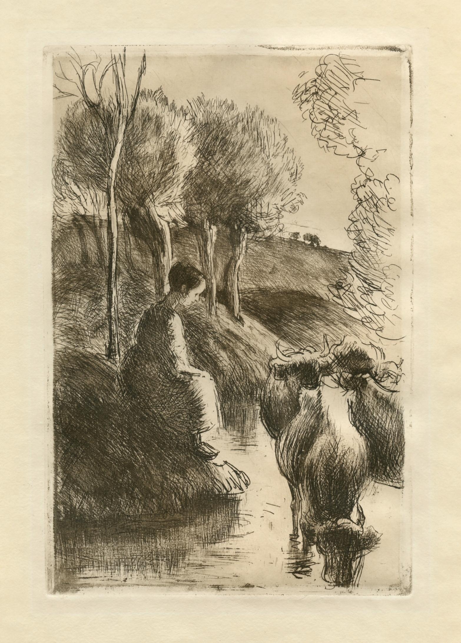 "Vachere au Bord de l'Eau" original etching on japon paper - Print by Camille Pissarro