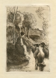 "Vachere au Bord de l'Eau" original etching on japon paper