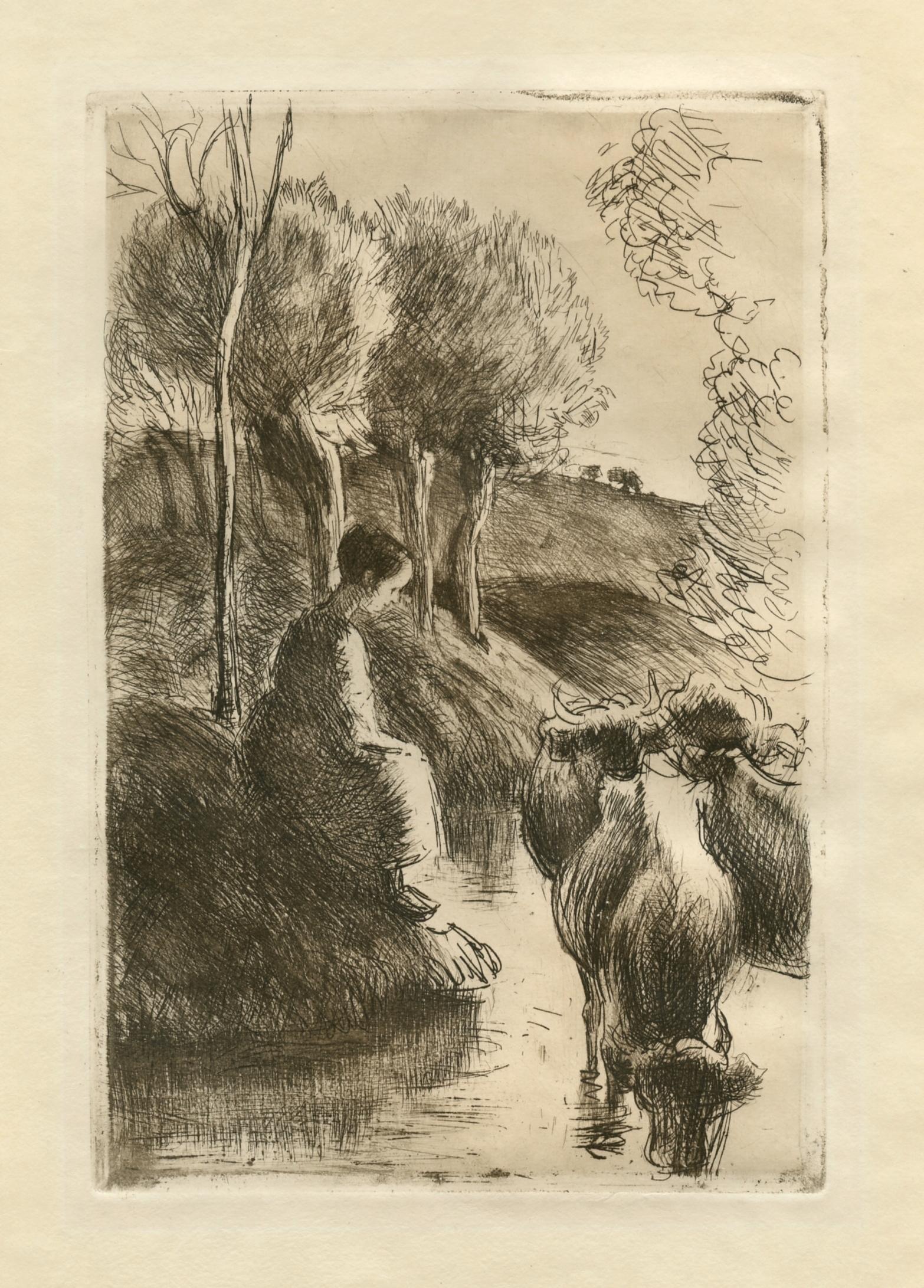 "Vachere au Bord de l'Eau" aguafuerte original sobre papel japón - Print de Camille Pissarro