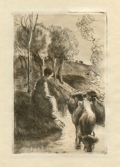 "Vachere au Bord de l'Eau" aguafuerte original sobre papel japón