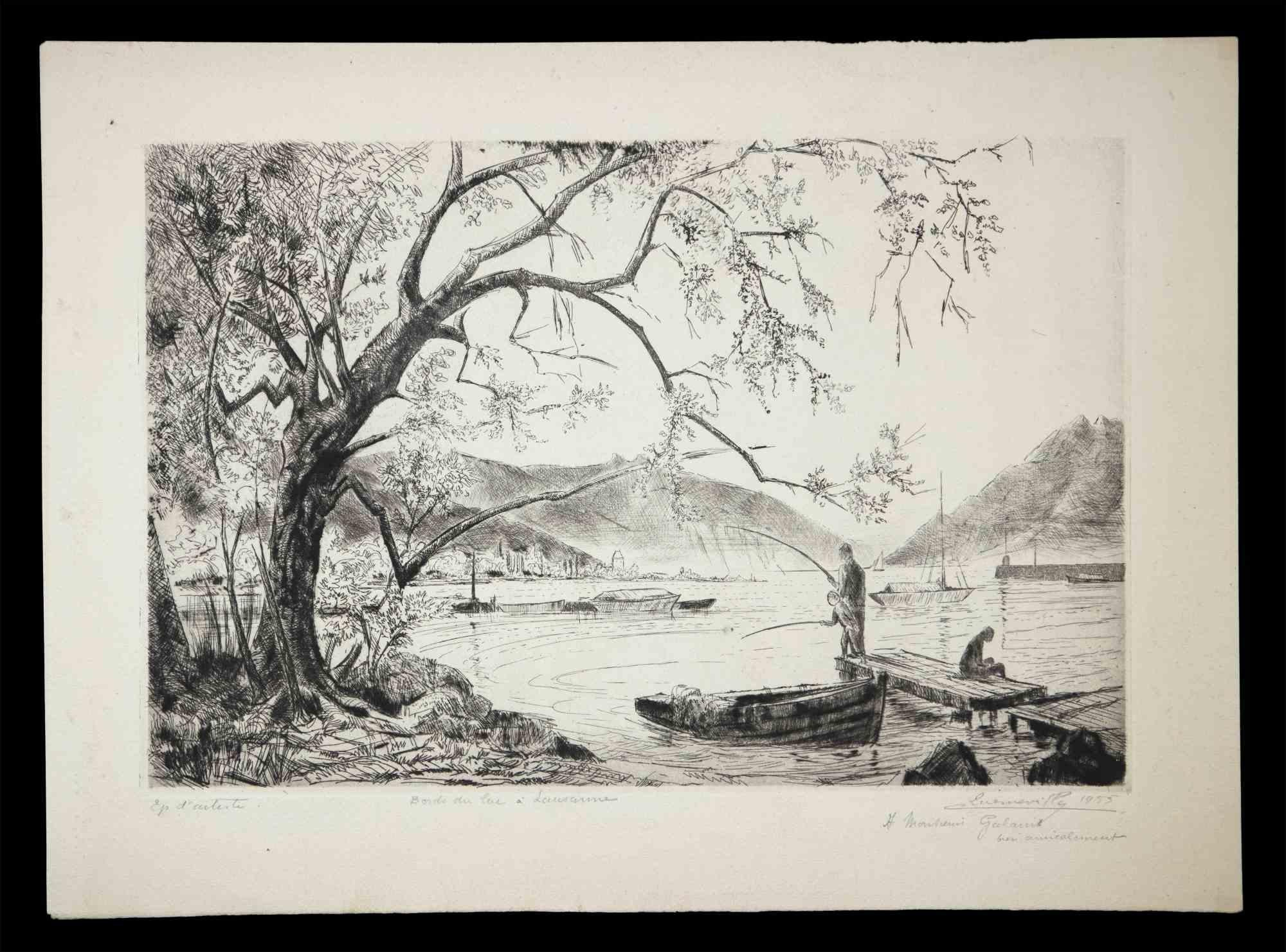 Bords du Lac à Lausanne - Etching by Camille Quesneville - 1955
