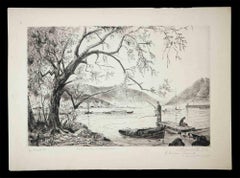 Vintage Bords du Lac à Lausanne - Etching by Camille Quesneville - 1955