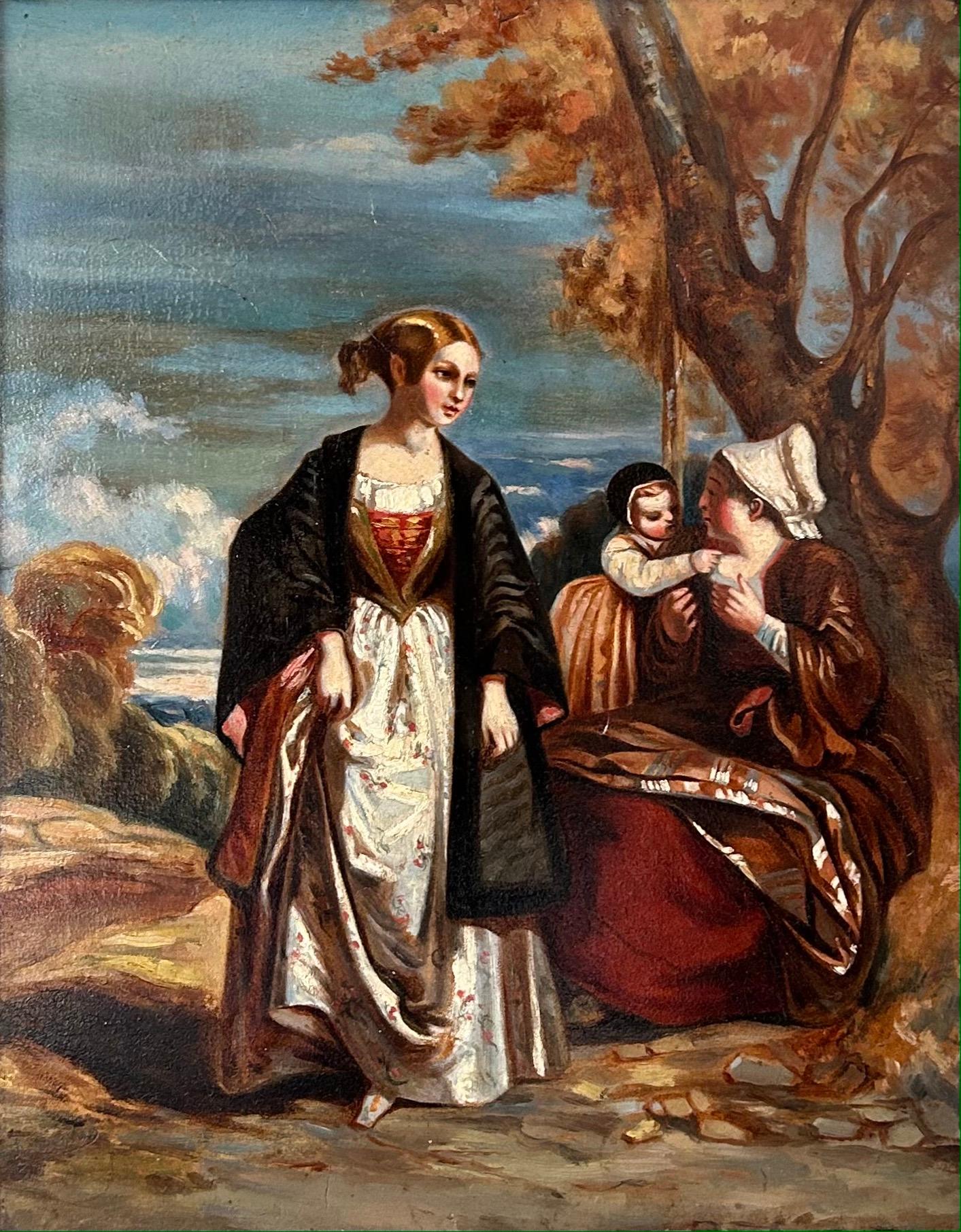 Family in an autumn landscape - Painting by Camille Roqueplan