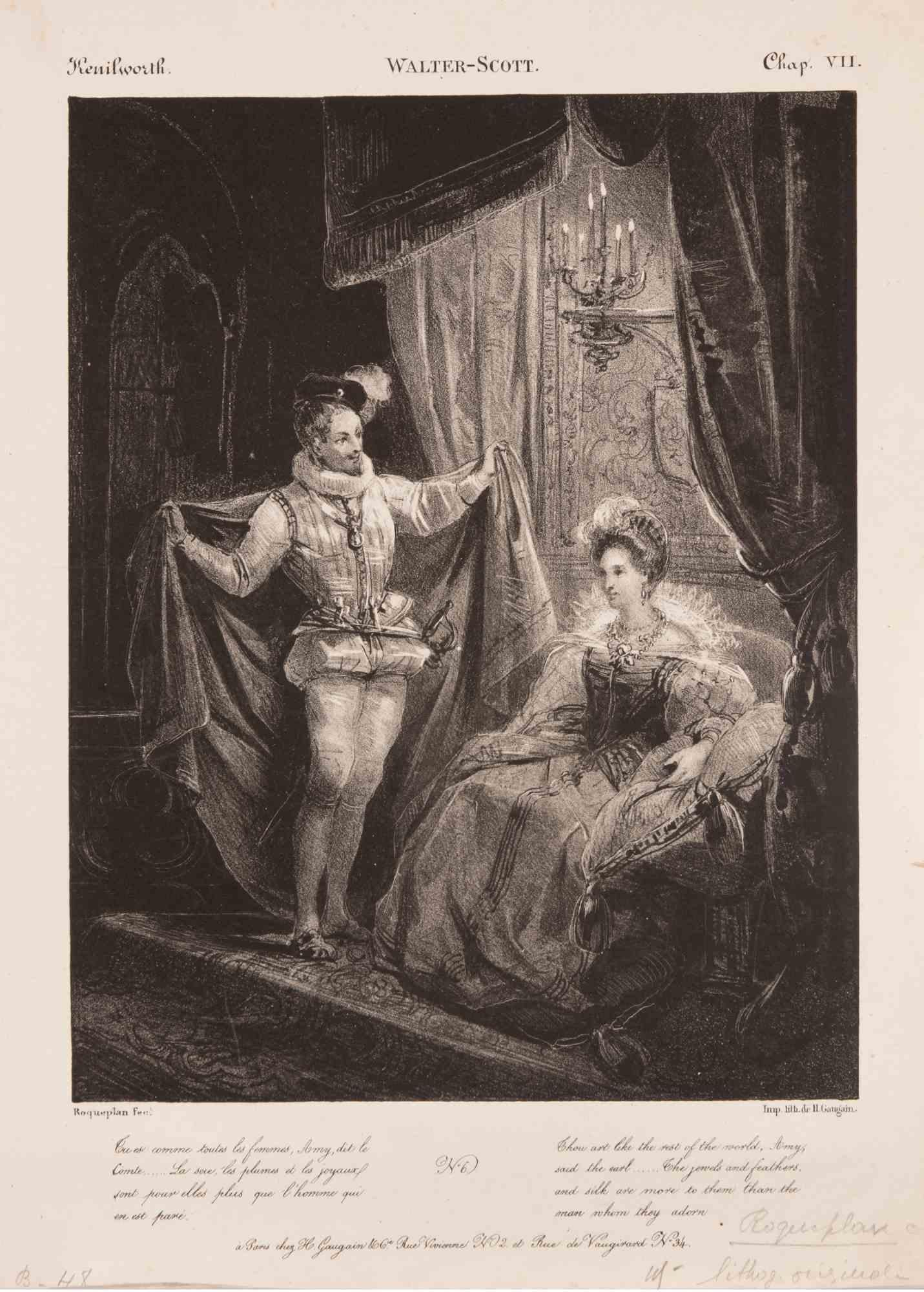 Lithograph realized by Camille Rouqueplan for Walter Scott's Novel Kenilworth.

With text and hand notes.

Very good condition.