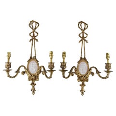 Camille Tharaud for Limoges French Pink Jasper & Gilded Bronze Ribbon Sconces 