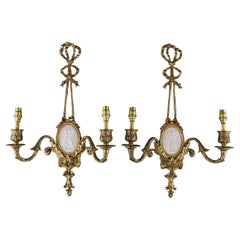 Camille Tharaud for Limoges French Pink Jasper & Gilded Bronze Ribbon Sconces