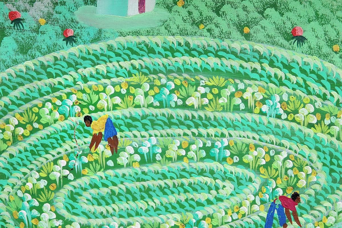 Green Abstract Folk Art Haiti Farm Landscape Painting 5