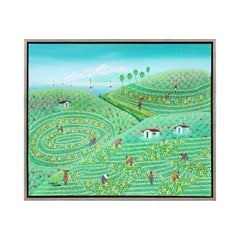 Green Abstract Folk Art Haiti Farm Landscape Painting