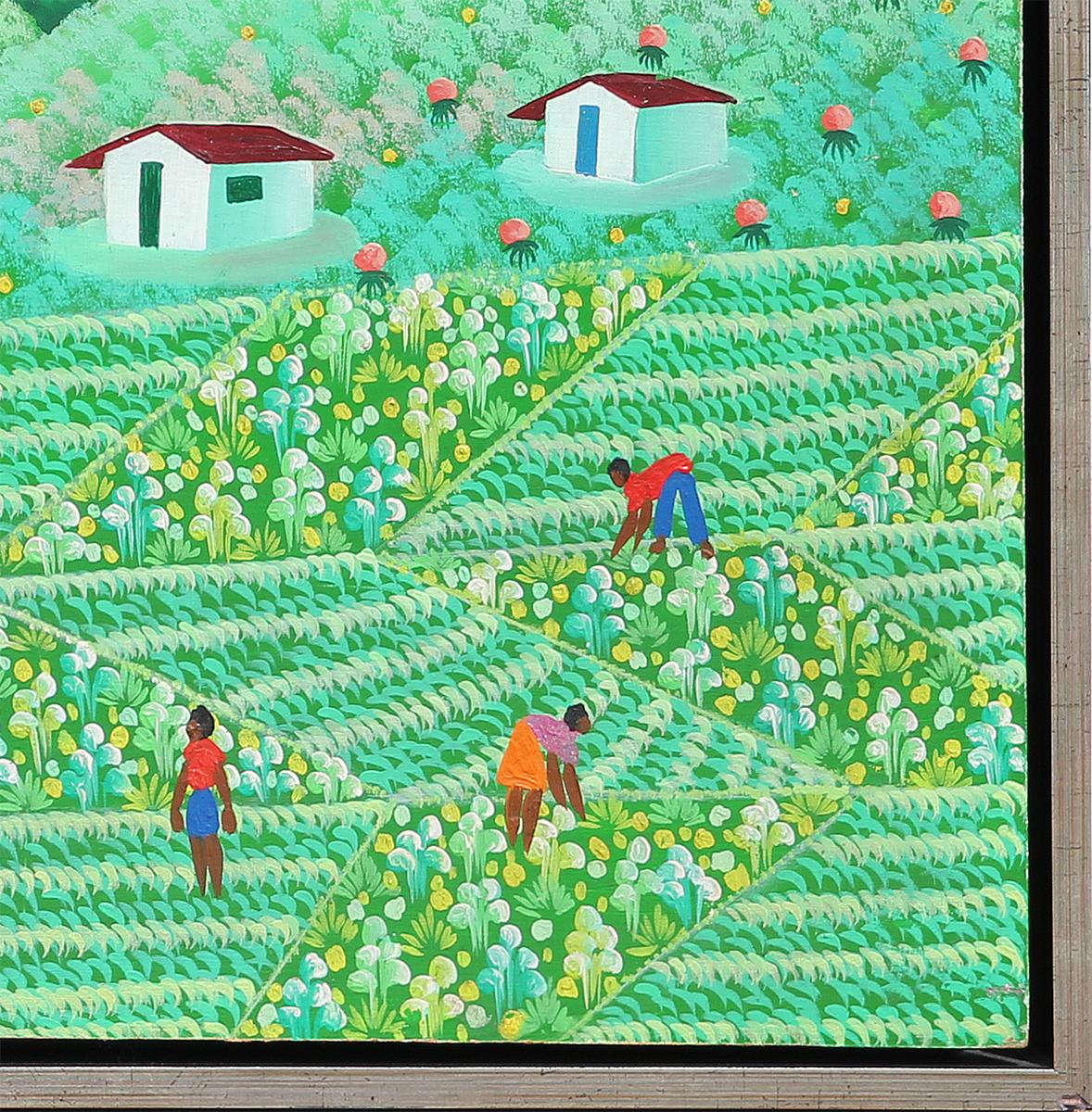 Green Abstract Folk Art Haiti Farm Landscape Painting 1