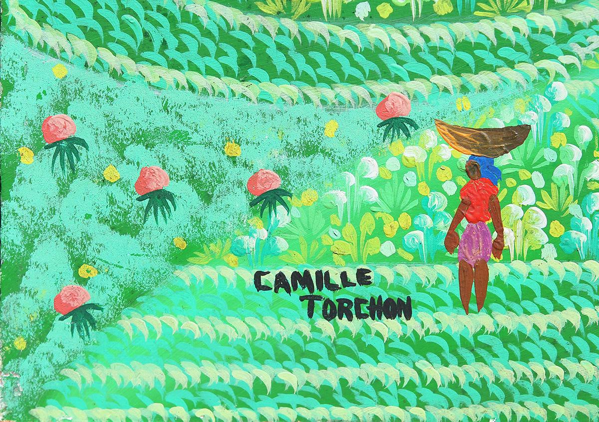 Green Abstract Folk Art Haiti Farm Landscape Painting 2