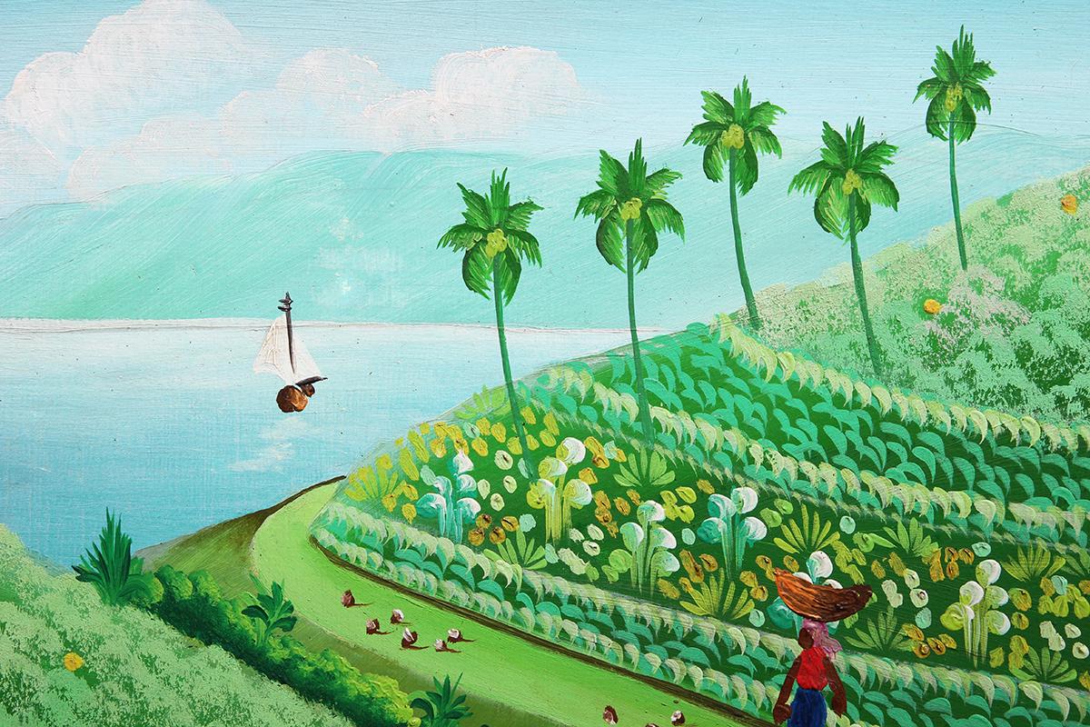 Green Abstract Folk Art Haiti Farm Landscape Painting 3