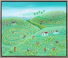 Green Abstract Folk Art Haiti Farm Landscape Painting