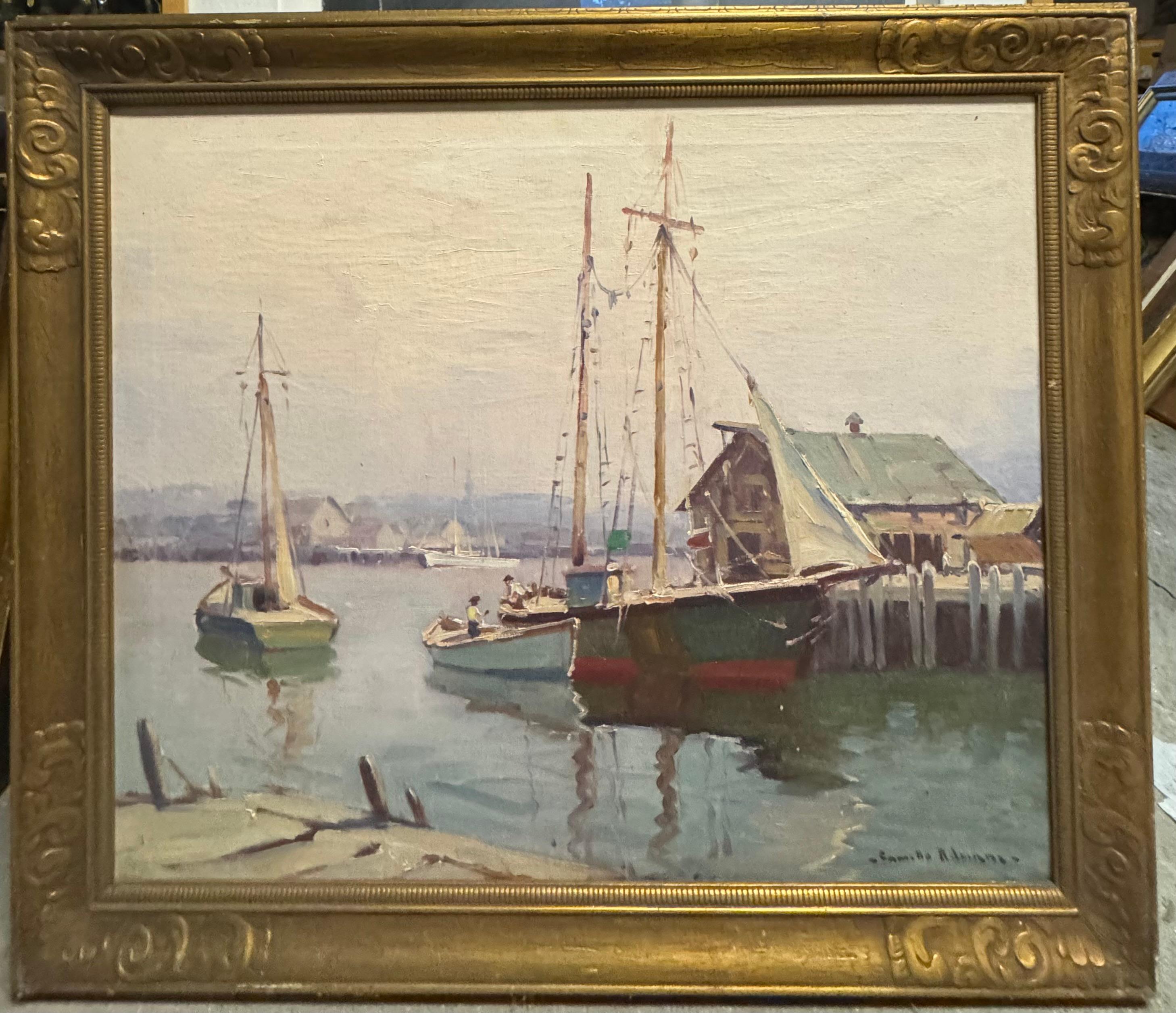 Peinture impressionniste fauviste américaine de la Nouvelle-Angleterre représentant un Gloucestor Fishing BOATS - Painting de Camillo Adriani