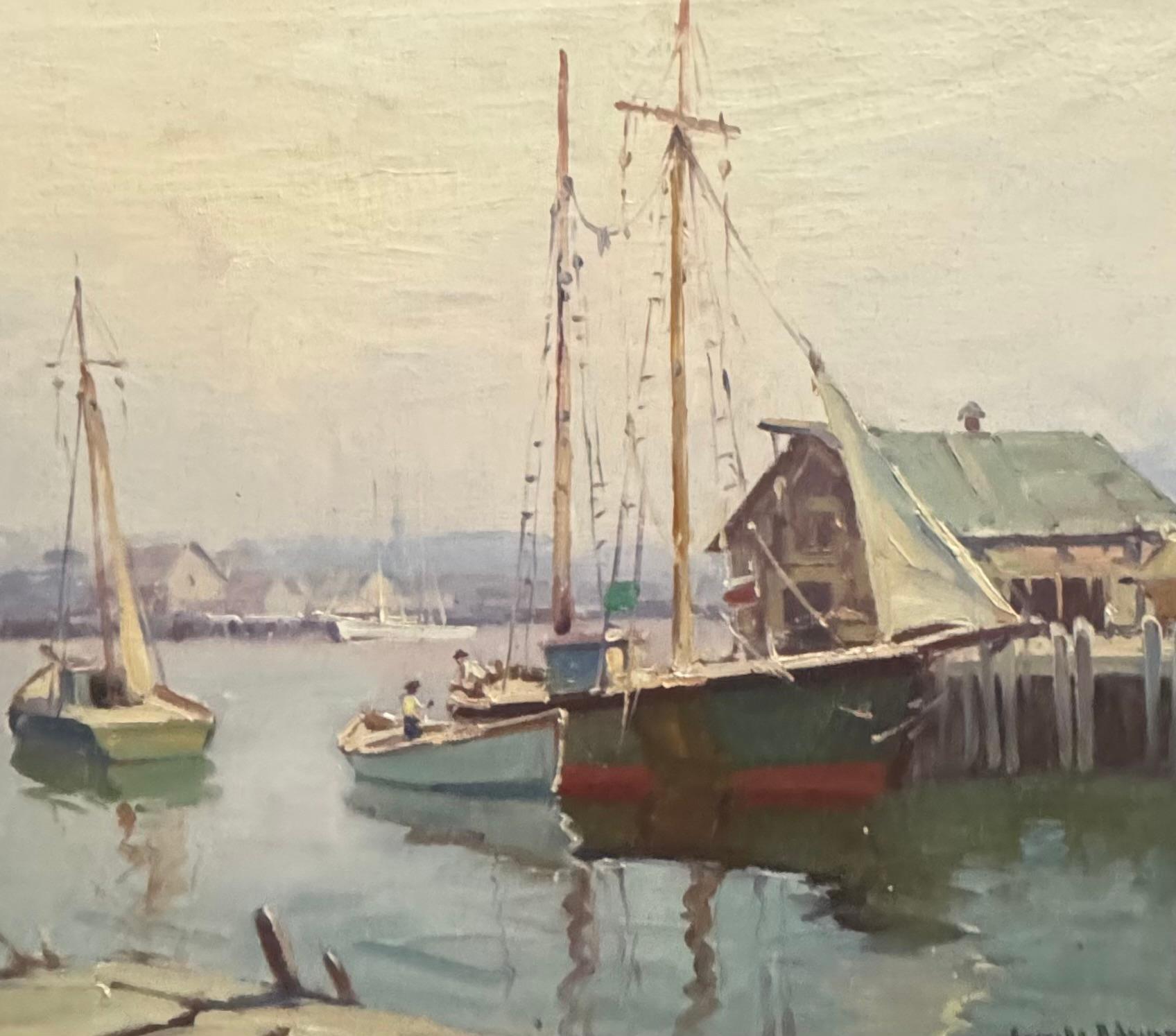 Peinture impressionniste fauviste américaine de la Nouvelle-Angleterre représentant un Gloucestor Fishing BOATS - Beige Figurative Painting par Camillo Adriani