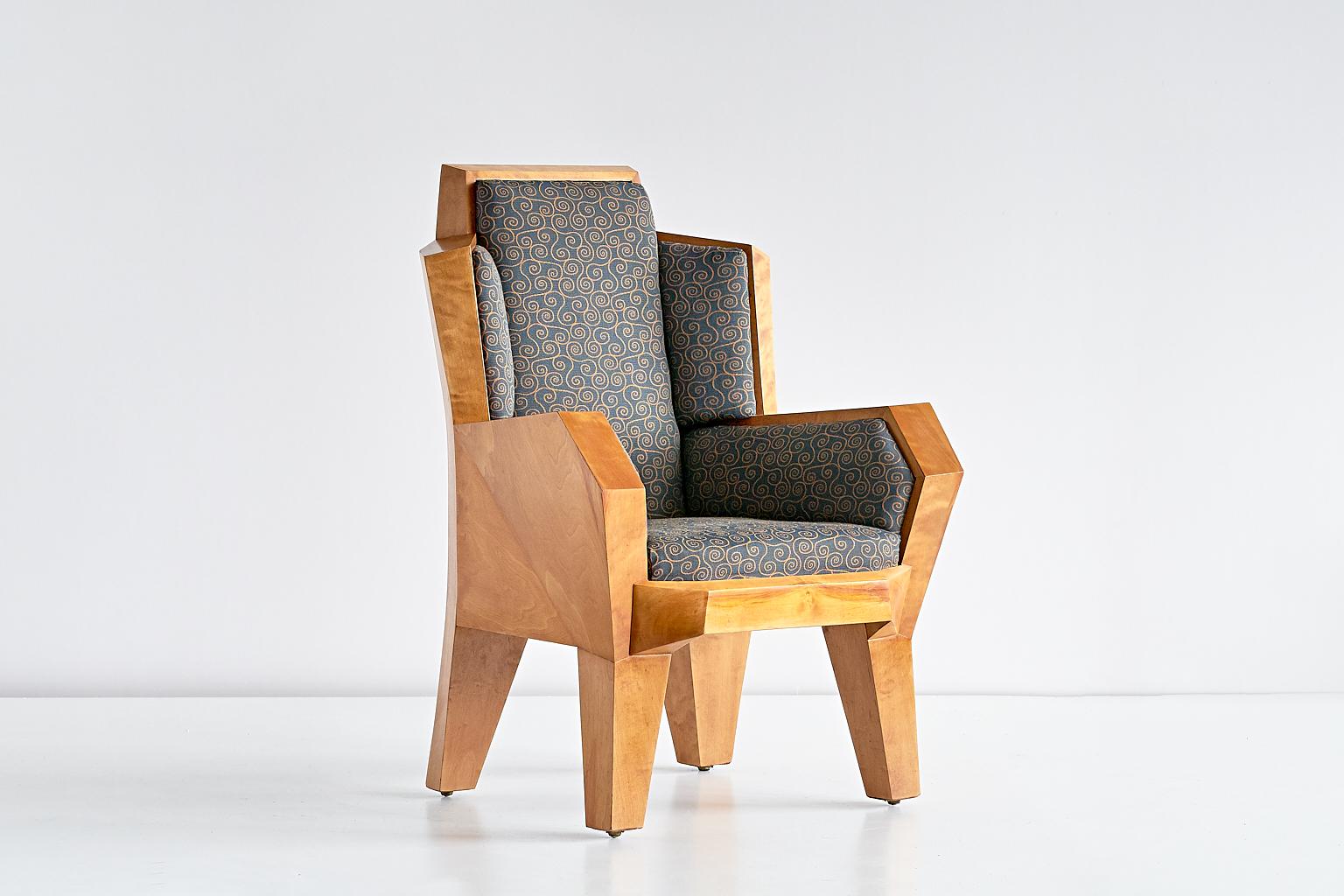 This unique armchair was designed in 1928 by Camillo Cerri specifically for the interior of Haus Reinbach in Stuttgart Germany. The chair was produced in Dornach, Switzerland by August Tobler who executed most of Cerri's designs by hand.
Its rustic