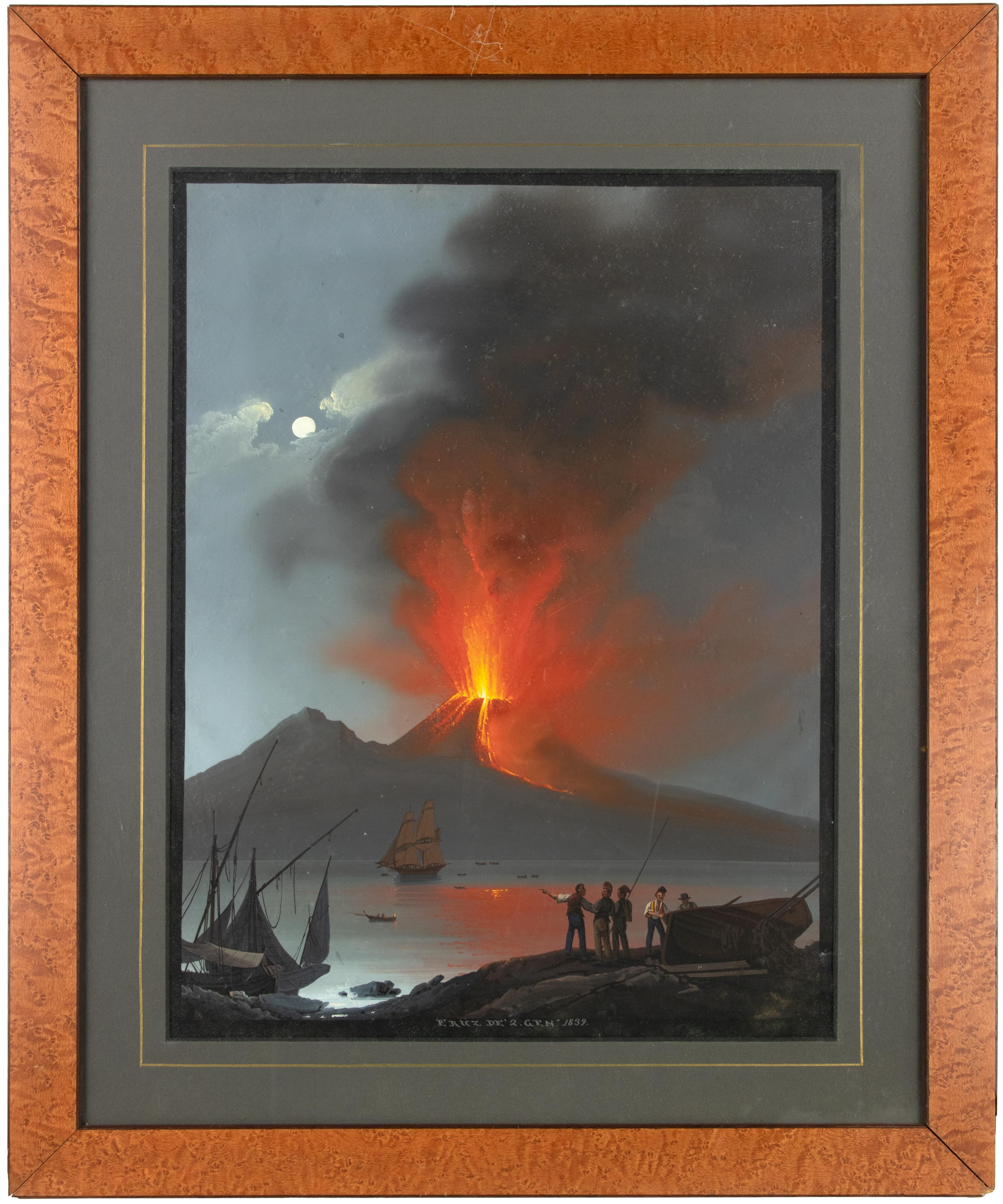 Camillo de Vito Landscape Painting - Eruption of Vesuvium - Gouache by C. De Vito - 1839
