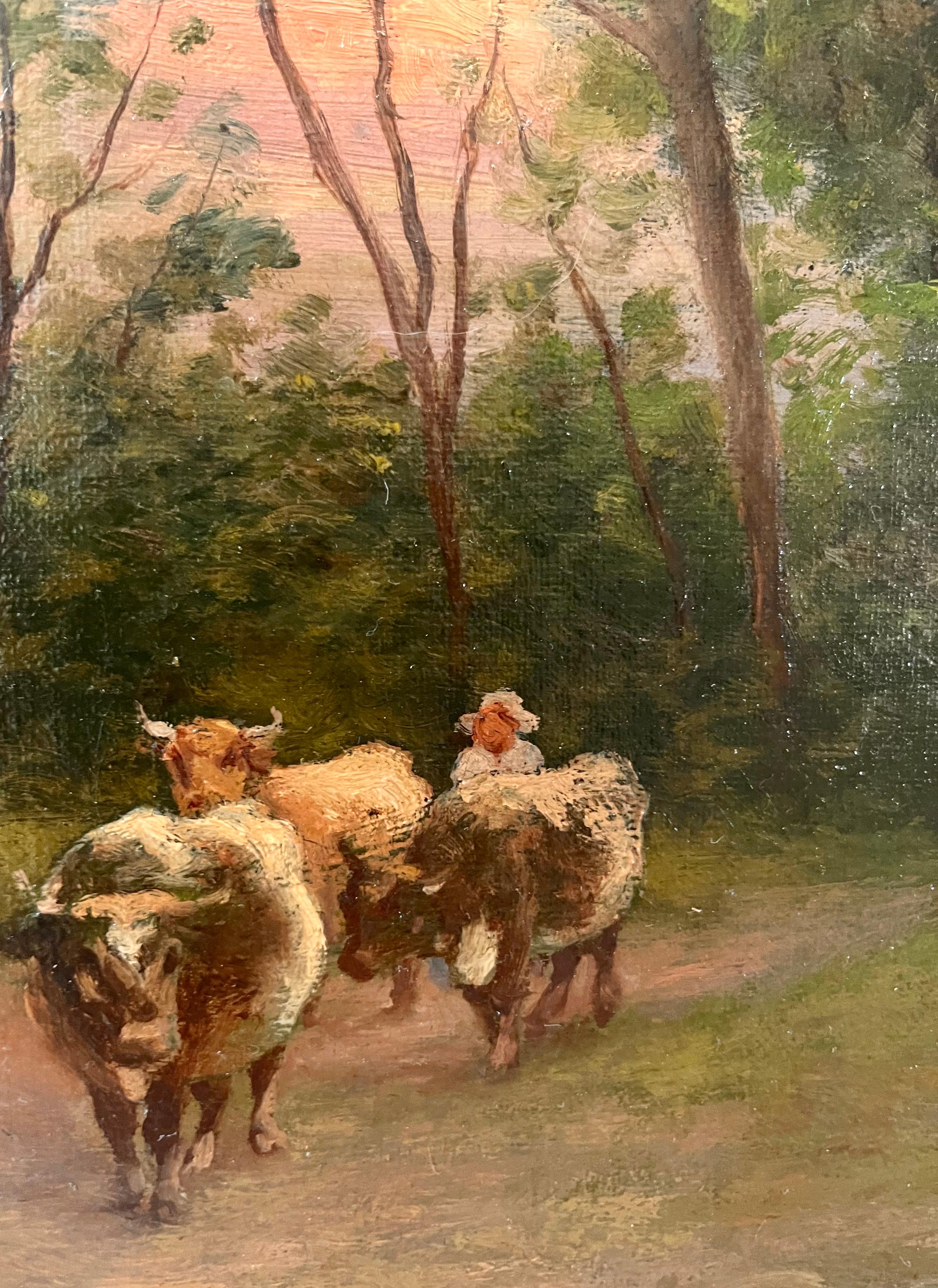 Romantic 19th century Italian countryside landscape of a shepherd by Camillo Innocenti

This peaceful countryside landscape depicts a shepherd returning home with his flock at sunset. The setting sun beautifully illuminates the sky and covers the