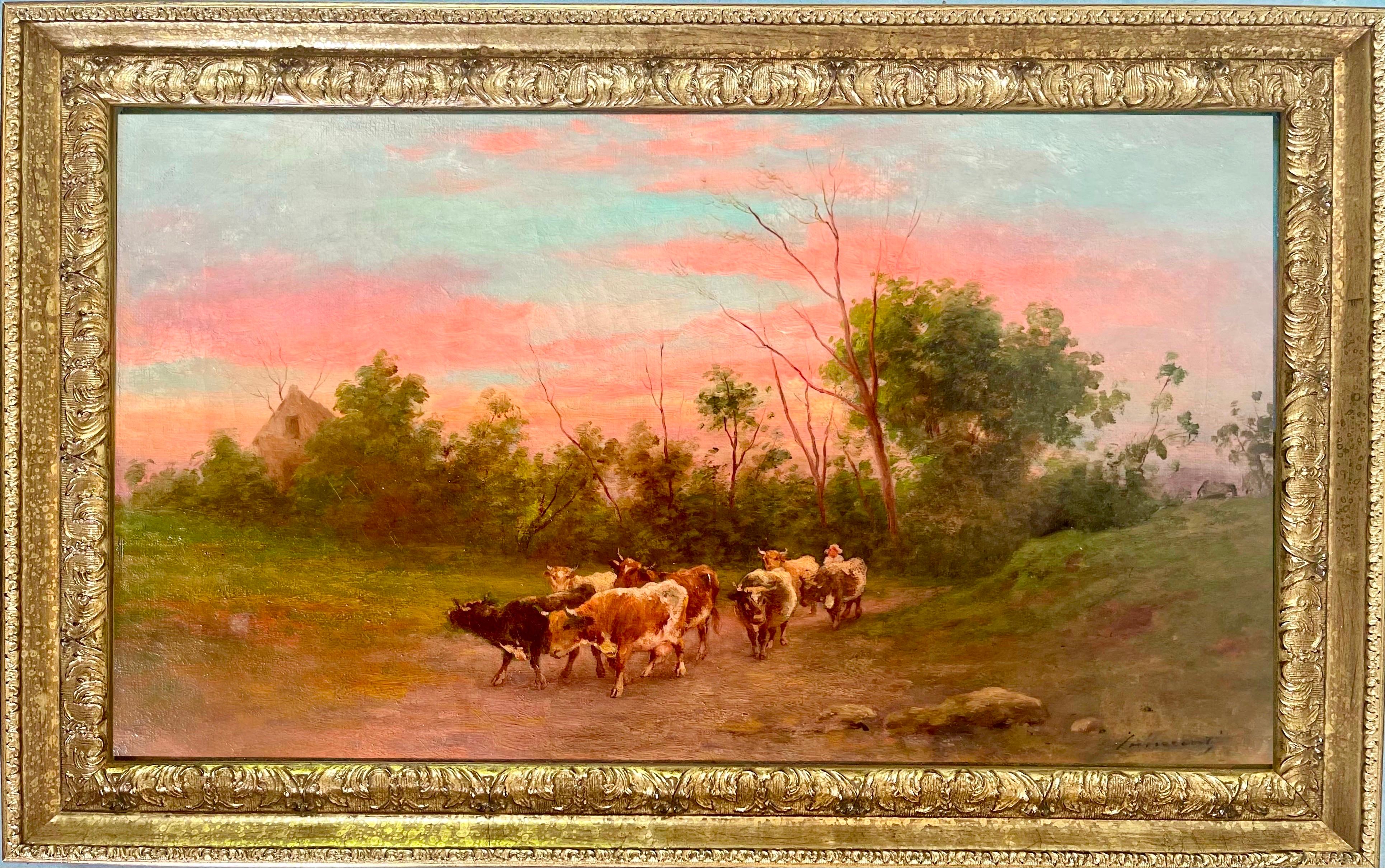 Camillo Innocenti Figurative Painting - 19th century Italian oil painting - A shepherd at sunset in the countryside