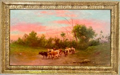 19th century Italian oil painting - A shepherd at sunset in the countryside