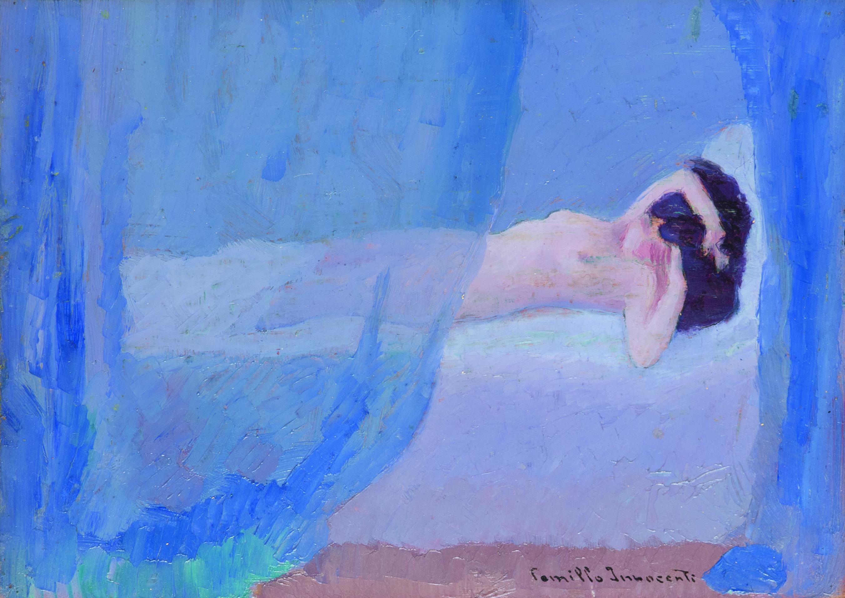 Camillo Innocenti Nude Painting - Female Nude. Sensual portrait in blue of a woman lying on a bed
