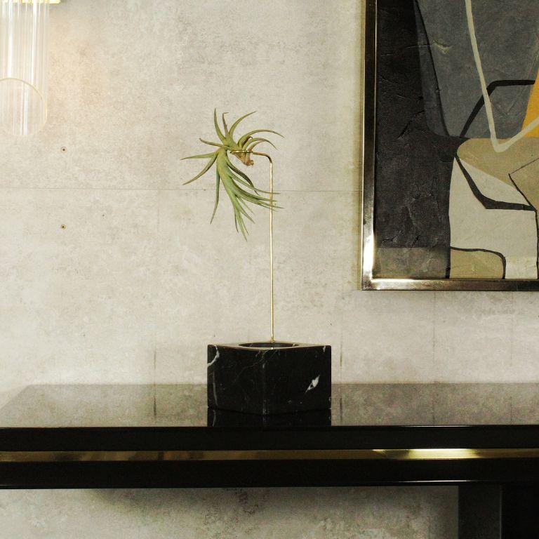 Hand-Crafted Camilly: Nero Marquina Marble Plant Stand - Inox & Gold Elegance For Sale