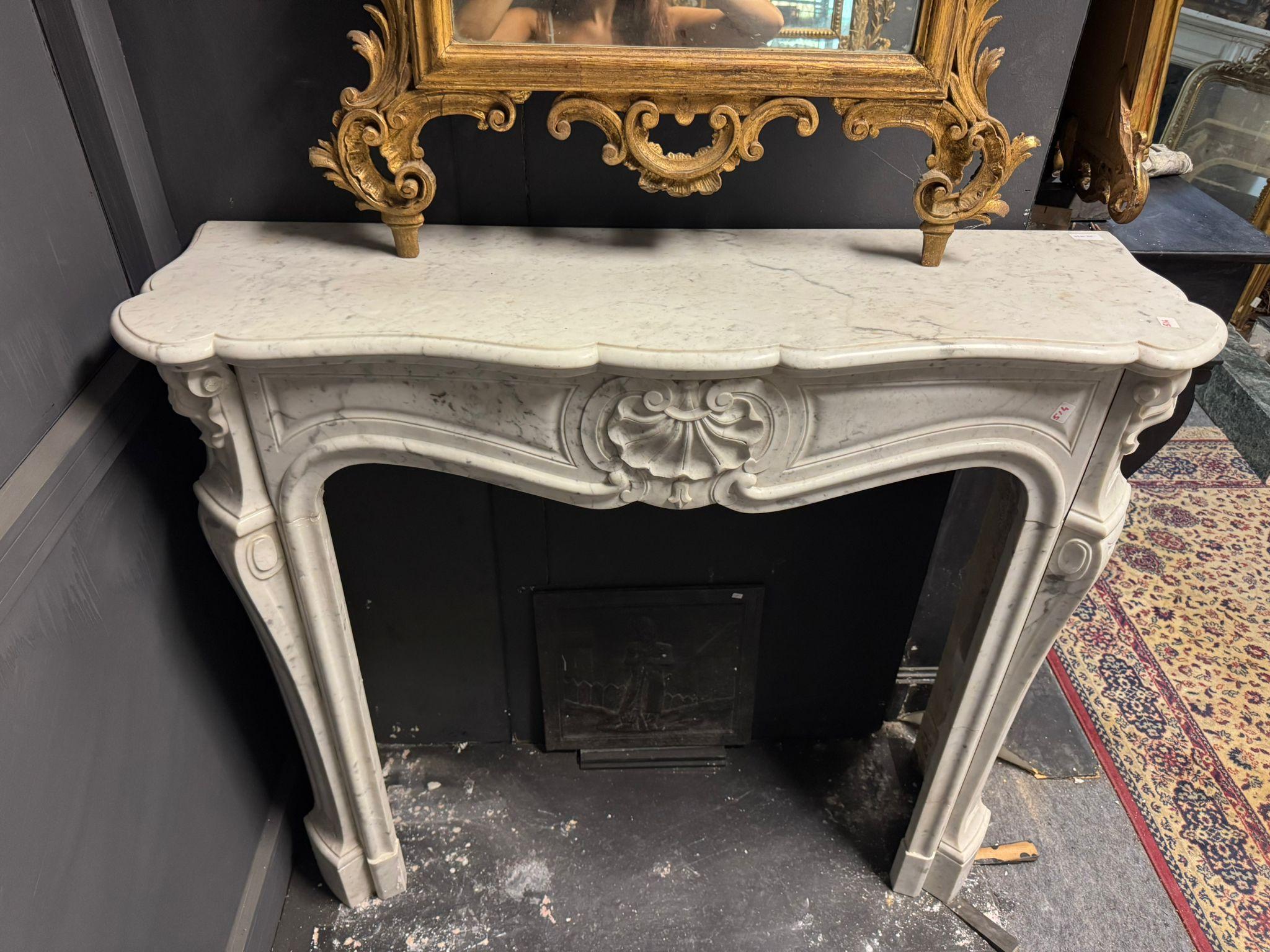 19th Century White Carrara marble mantle fireplace, carved with shell, france For Sale