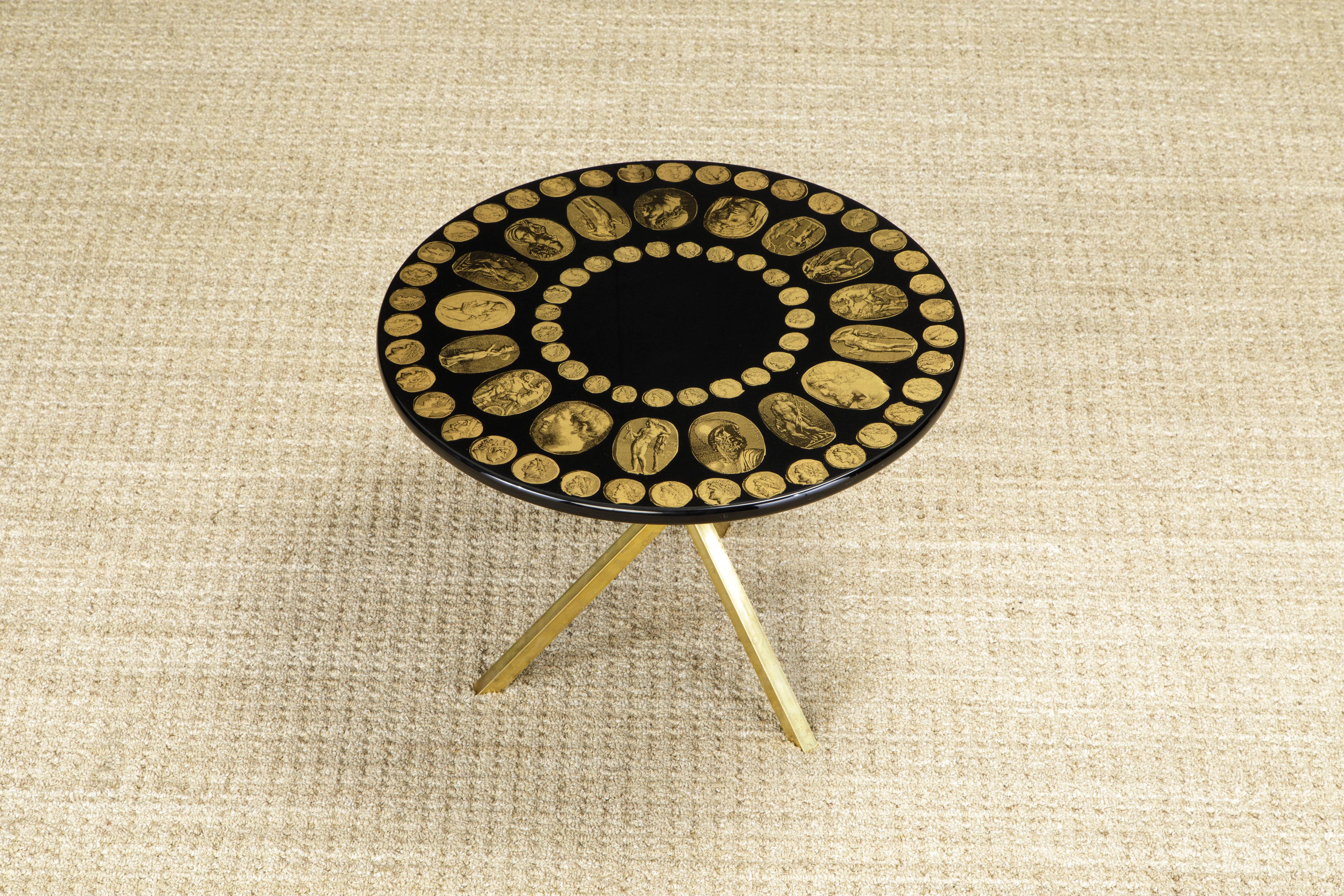 Italian 'Cammei' Lacquered Wood and Brass Side Table by Piero Fornasetti, Signed  For Sale