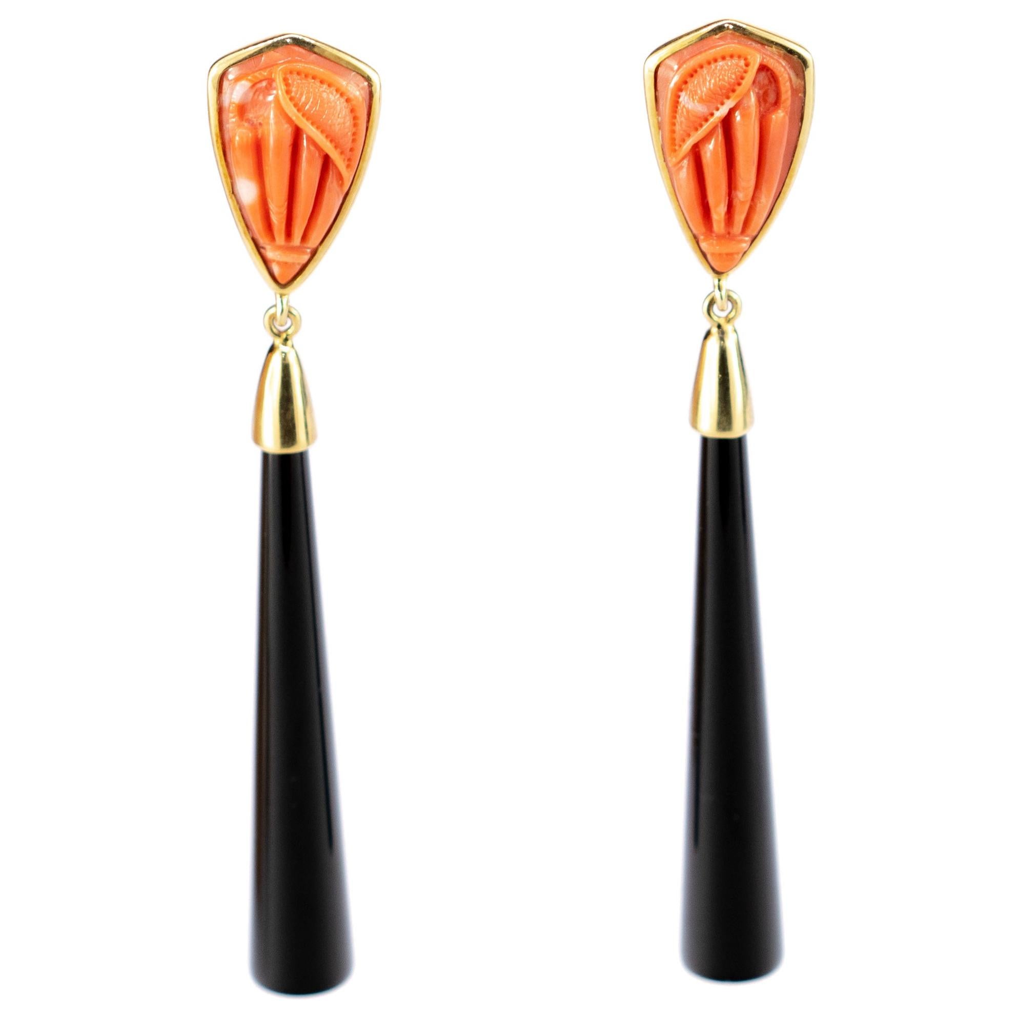 Cammeo Pink Coral Drops Black Agate 18 Karat Gold Long Carved Dangled Earrings For Sale