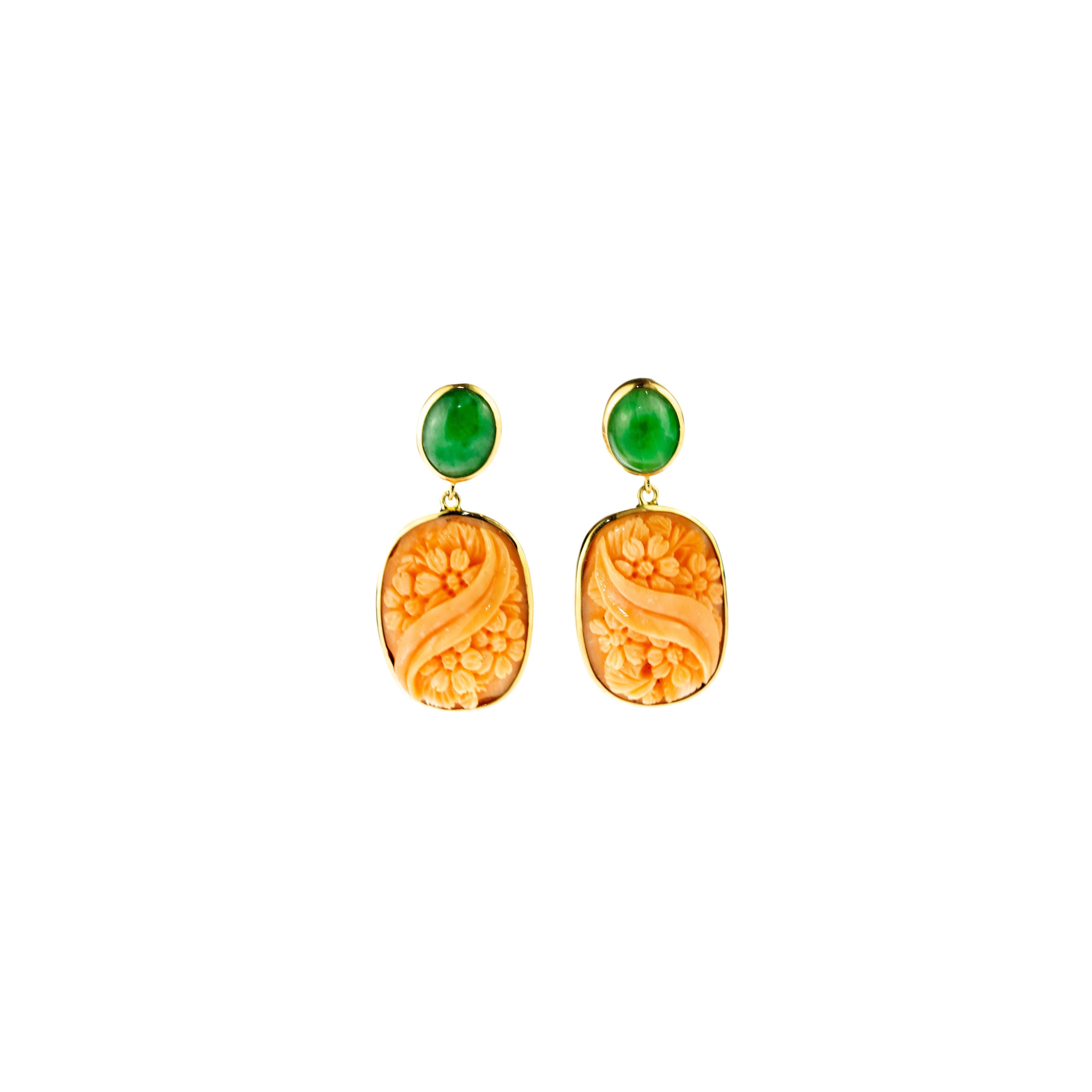 Women's Cammeo Pink Coral Jade 18 Karat Gold Carved Romantic Stud Dangle Earrings