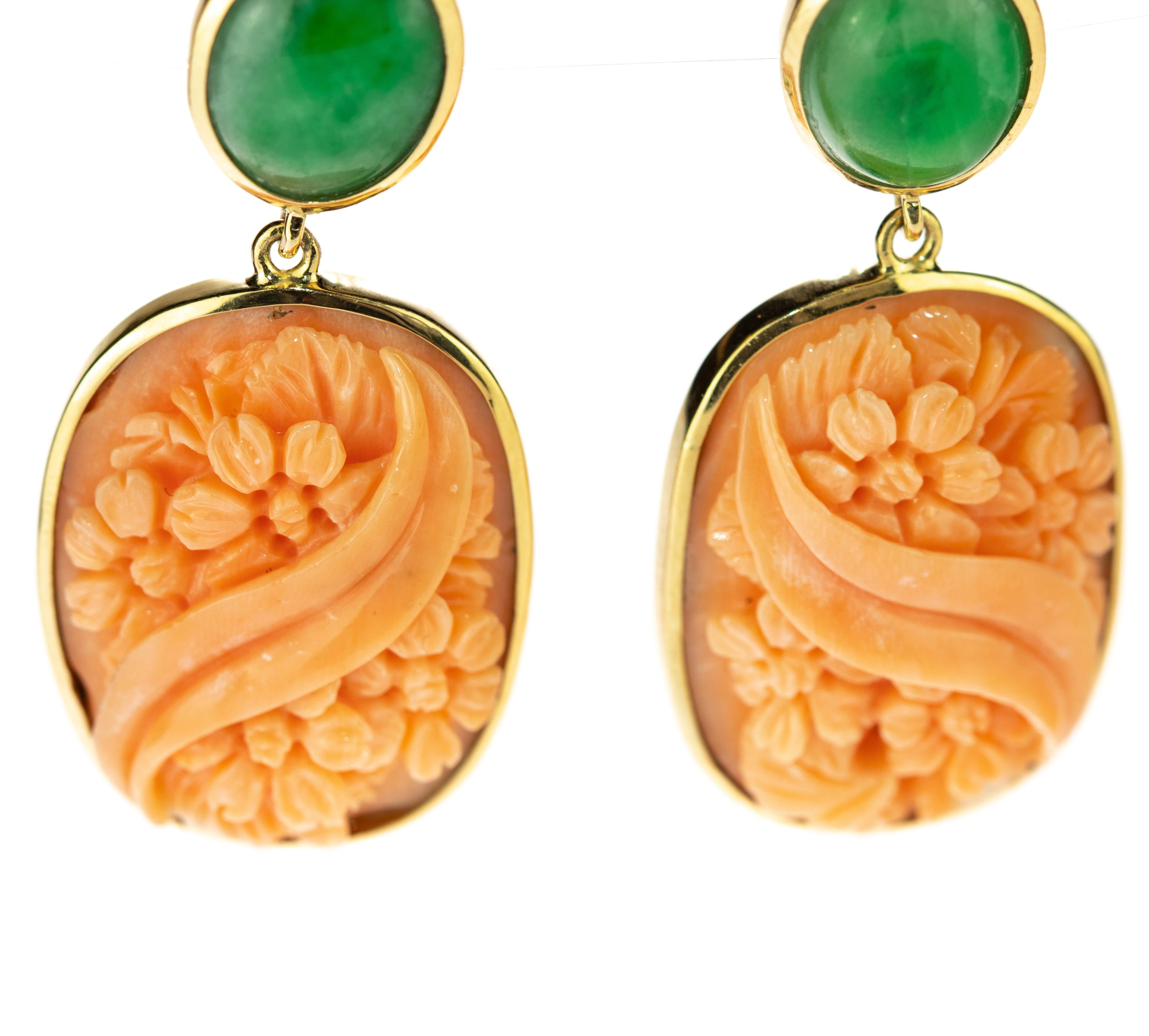 Cammeo Pink Coral Jade 18 Karat Gold Carved Romantic Stud Dangle Earrings 2