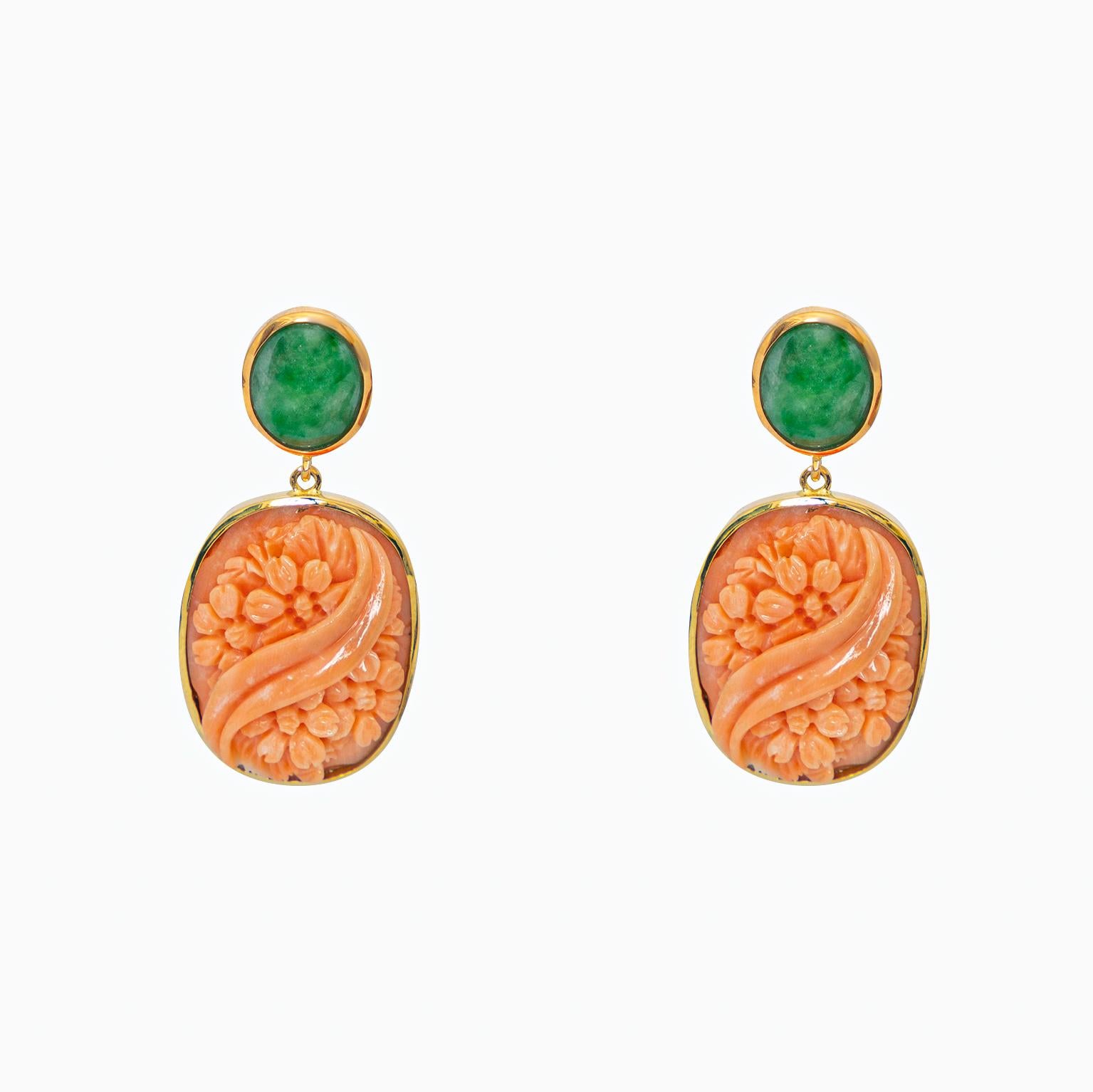 Cammeo Pink Coral Jade 18 Karat Gold Carved Romantic Stud Dangle Earrings 3