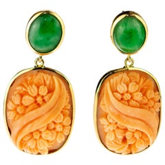 Cammeo Pink Coral Jade 18 Karat Gold Carved Romantic Stud Dangle Earrings