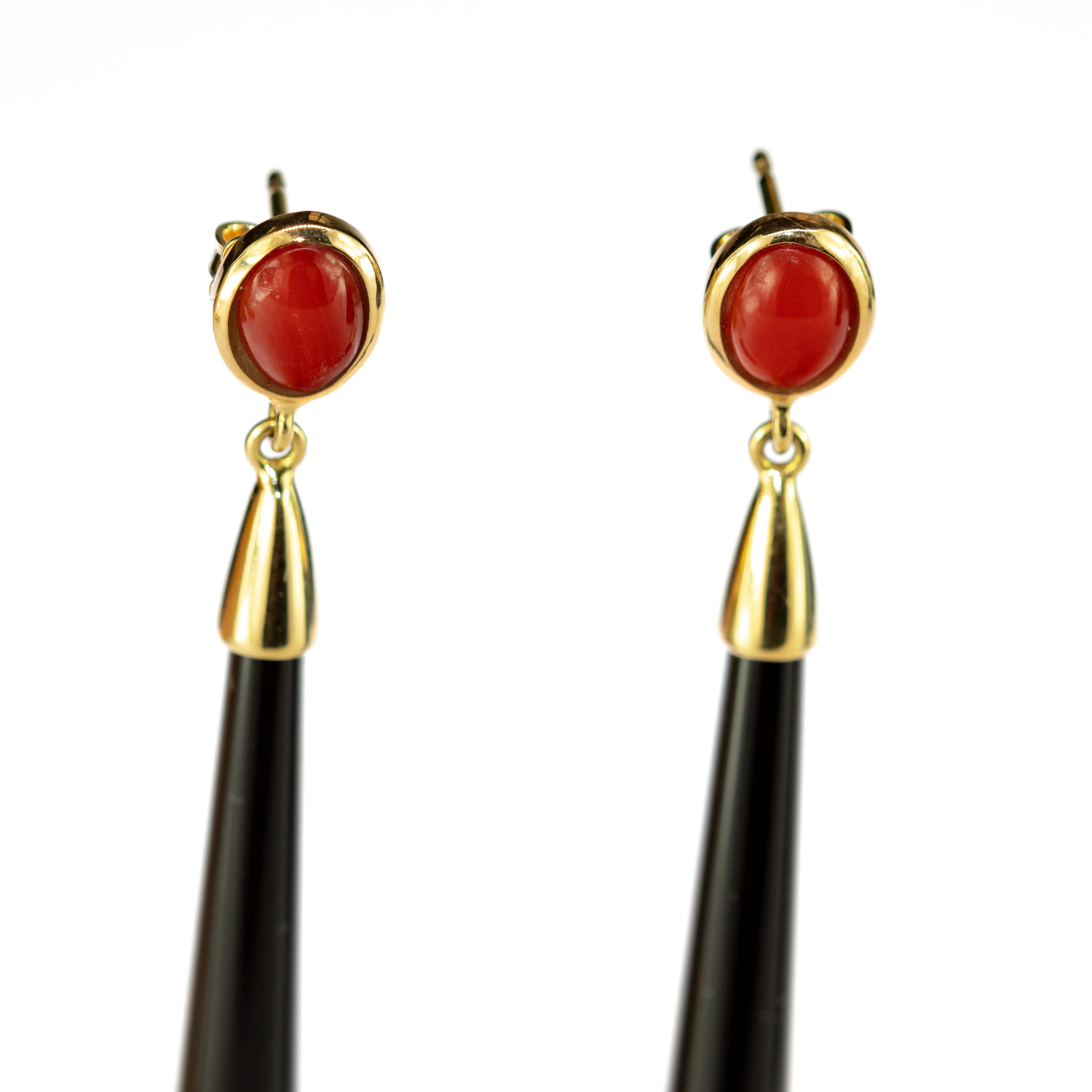 Cammeo Red Coral Drops Black Agate 18 Karat Gold Line Long Carved Lux Earrings 1